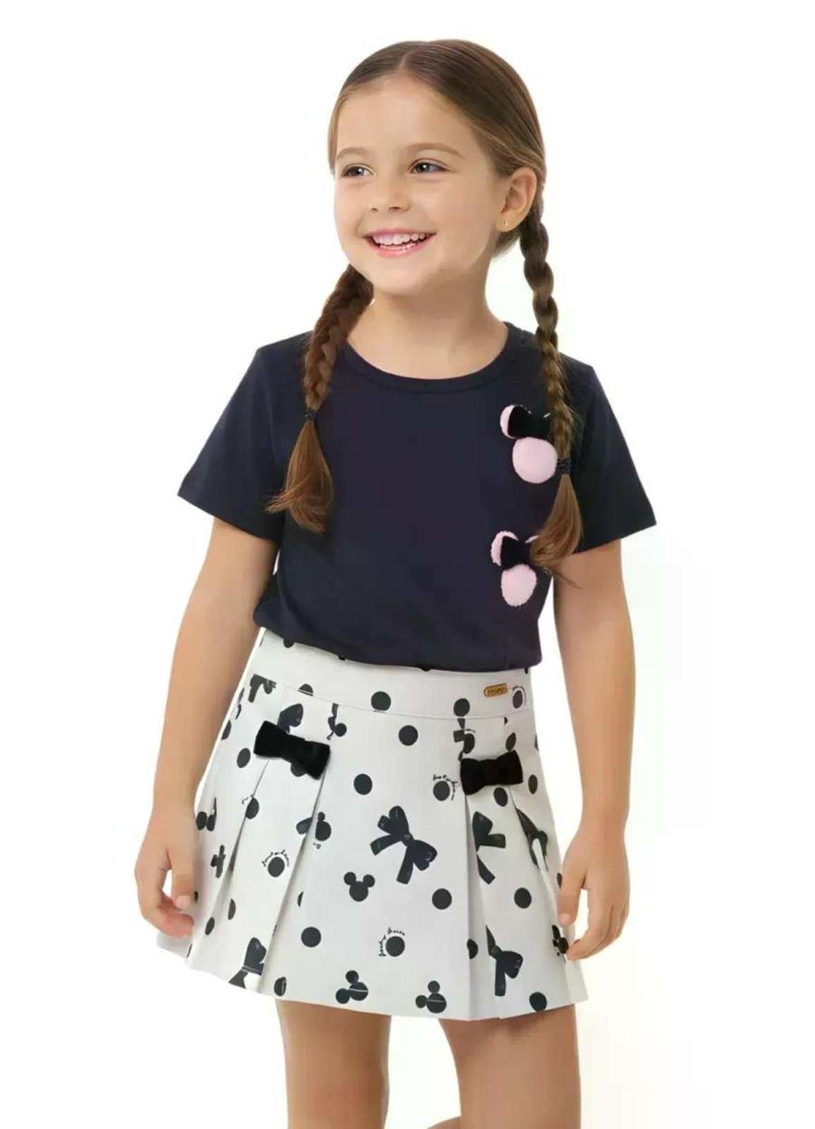Infantil - Short-Saia Menina Minnie Mouse Disney Poá Laço Branco