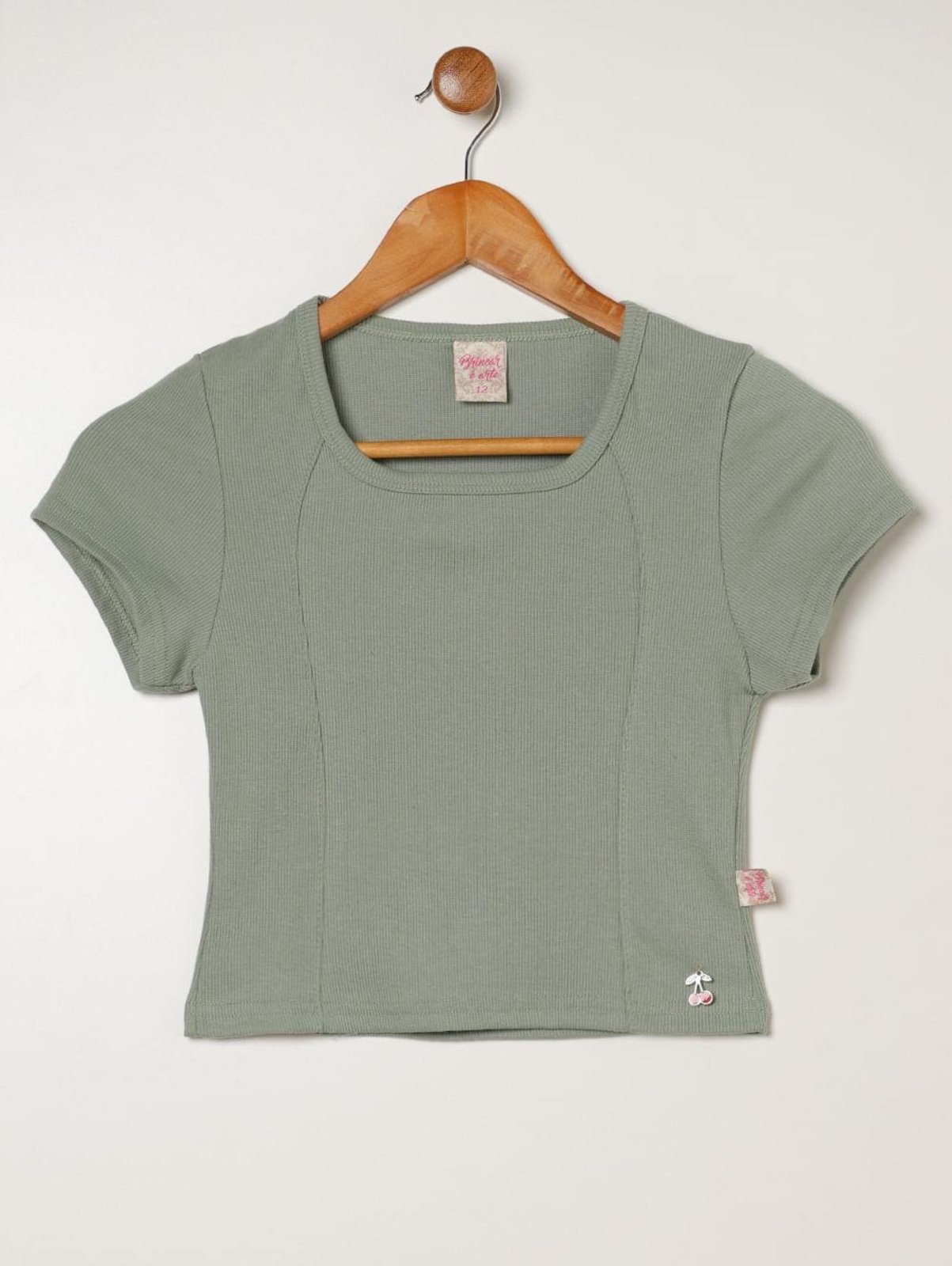Infantil - Blusa Canelada Manga Curta Juvenil Para Menina - VERDE CLARO