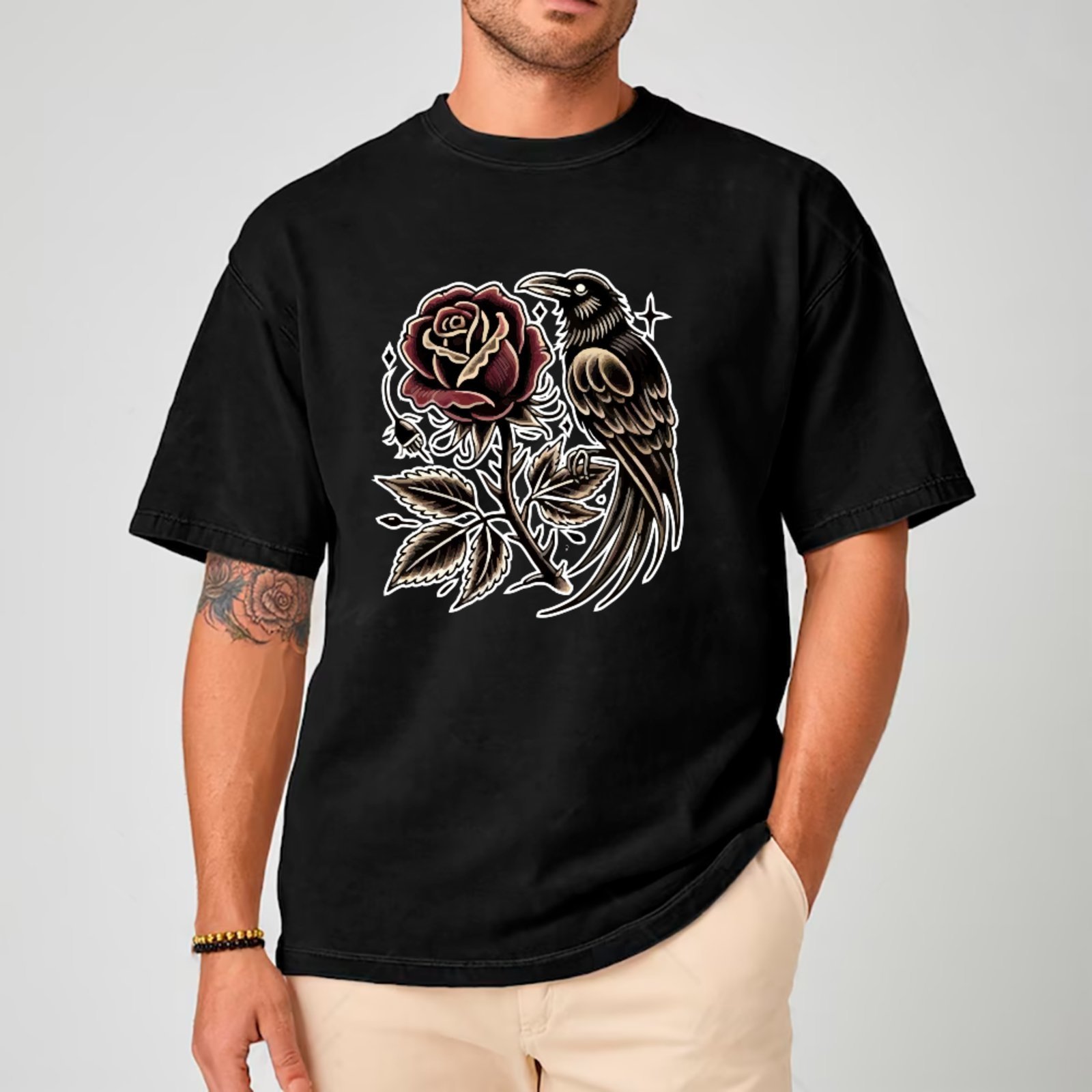 Camiseta Ousy Corvo Rosa Vermelha Oversized Unissex Preto