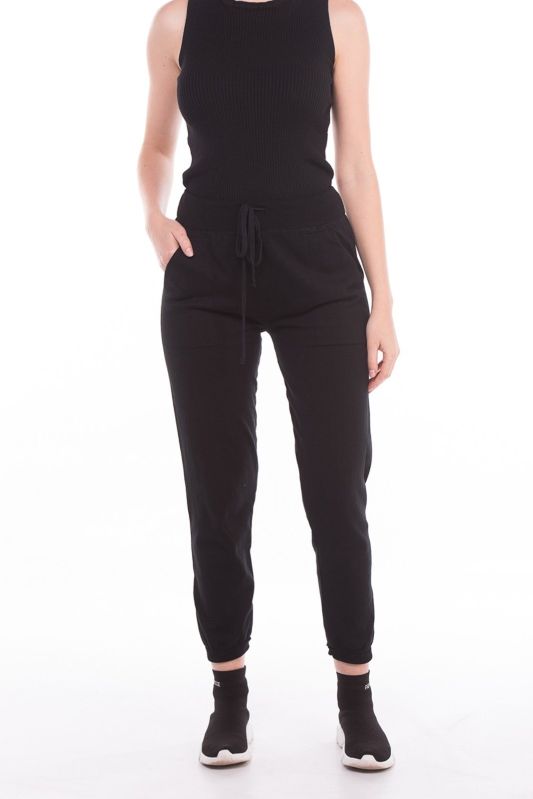 Calça Tricô Algodão Shirley Malhas Jogger Preto