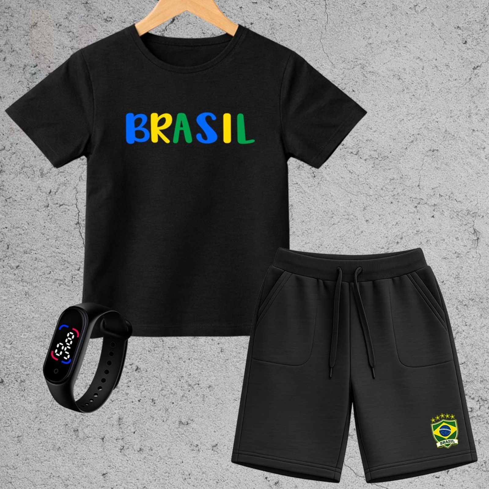 Infantil - Kit Brasil Urbania Camiseta 100% Algodão Bermuda Moletinho Estampada Brinde Relógio Digital Conforto e Estilo black