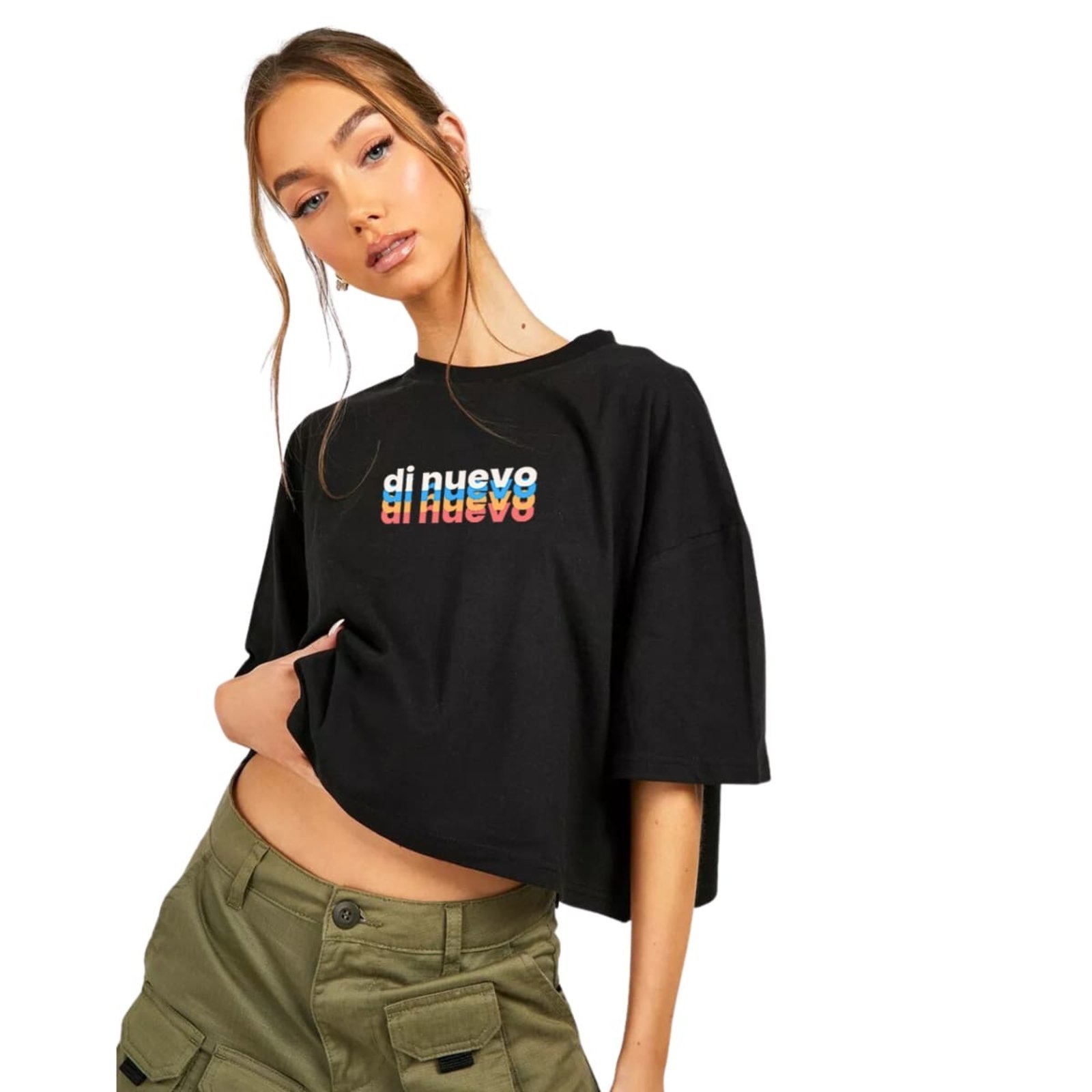 Camiseta Cropped Oversized em Algodão Preto Estiloso Com Logo Colorida