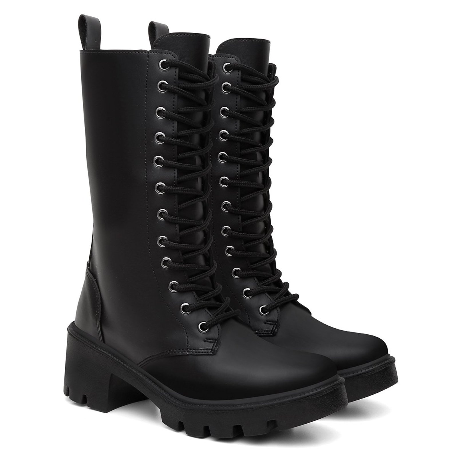 Bota Feminina Coturno Veritimo Tratorado Salto Baixo Cano Médio Ajustável Moderna Versátil Preto