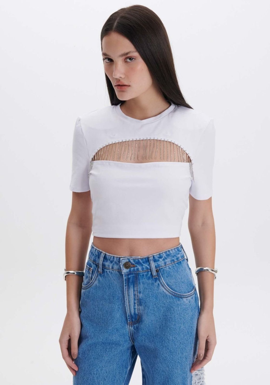 T-shirt Baby Look com Ombreiras Strass My Favorite Things