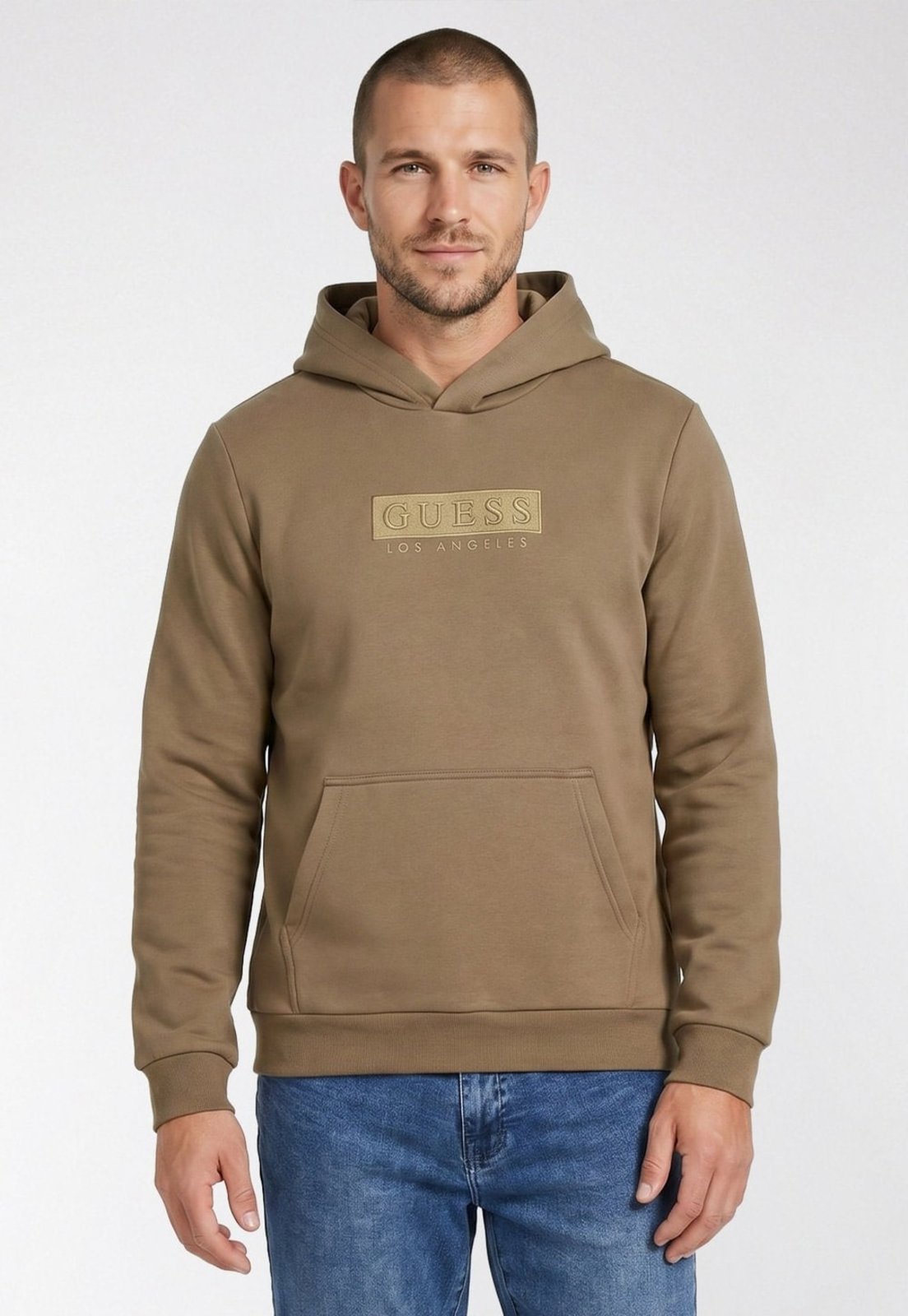 Blusa de Moletom Capuz Logo Bordado Bege Guess