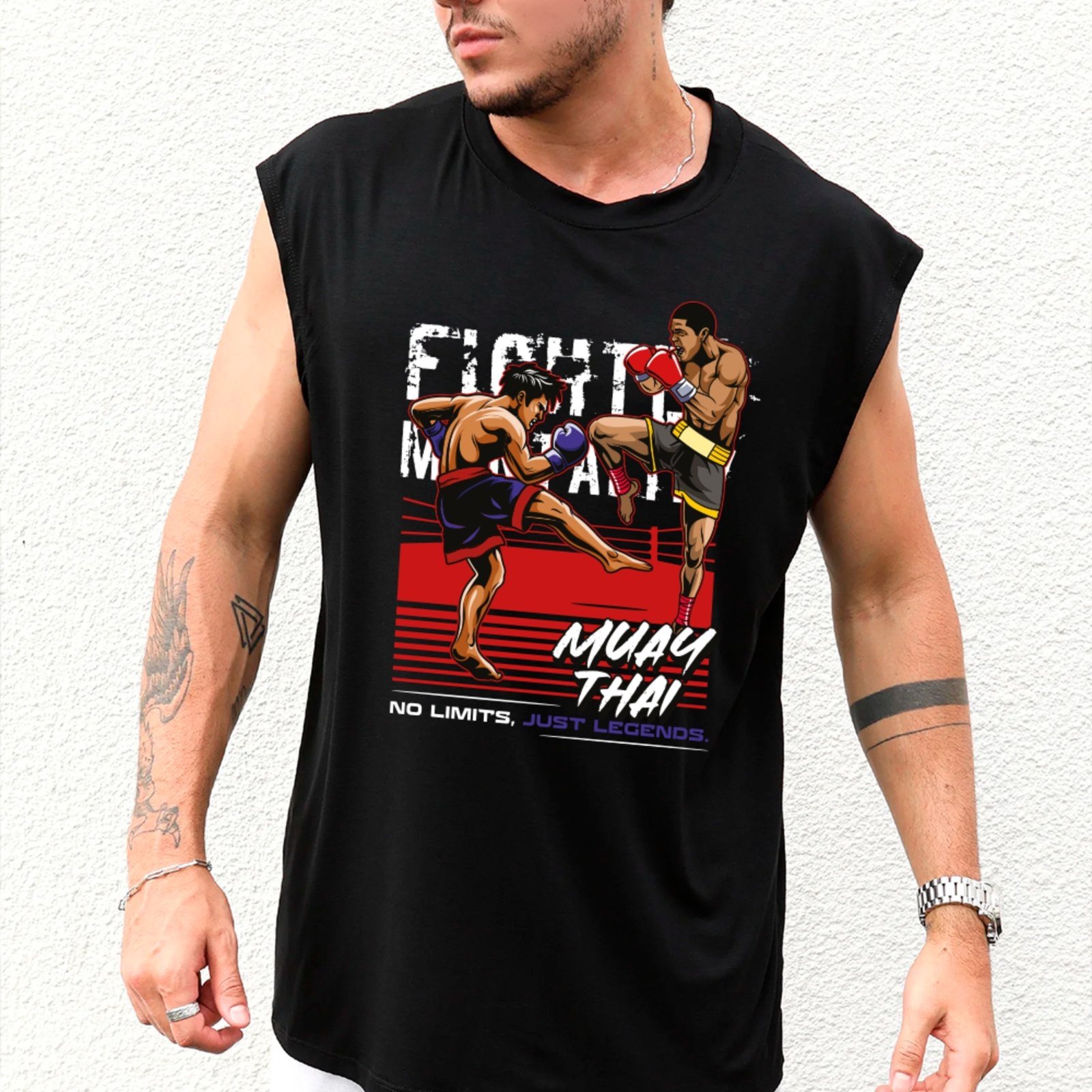 Camiseta Regata Machão Ousy Luta e Força Muay Thai Oversized Masculina Preto