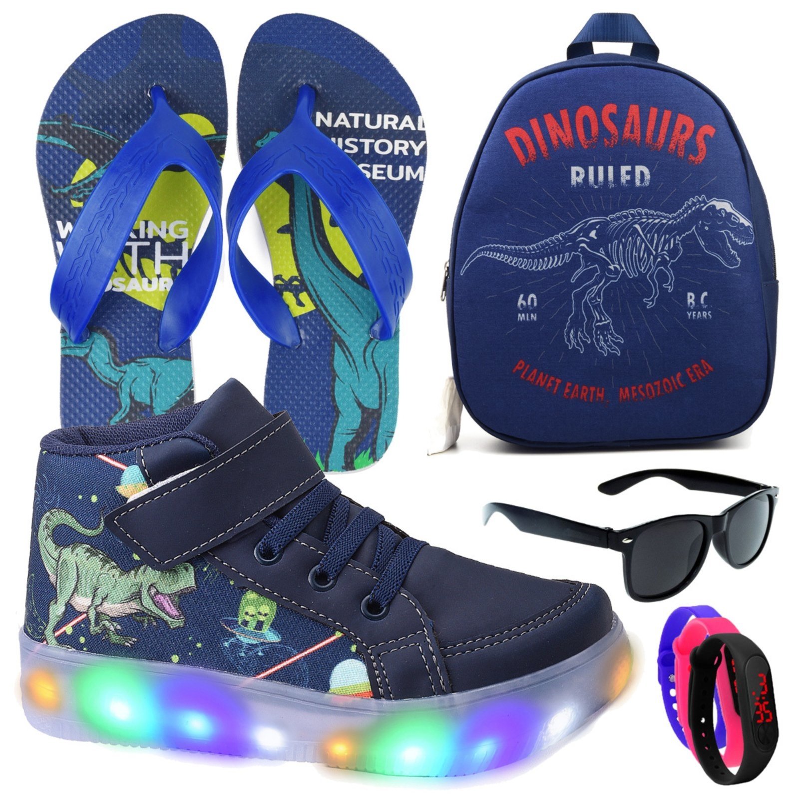 Infantil – Kit Tênis De Led Botinha Dinossauro Meninos Mochila Chinelo Óculos Relógio