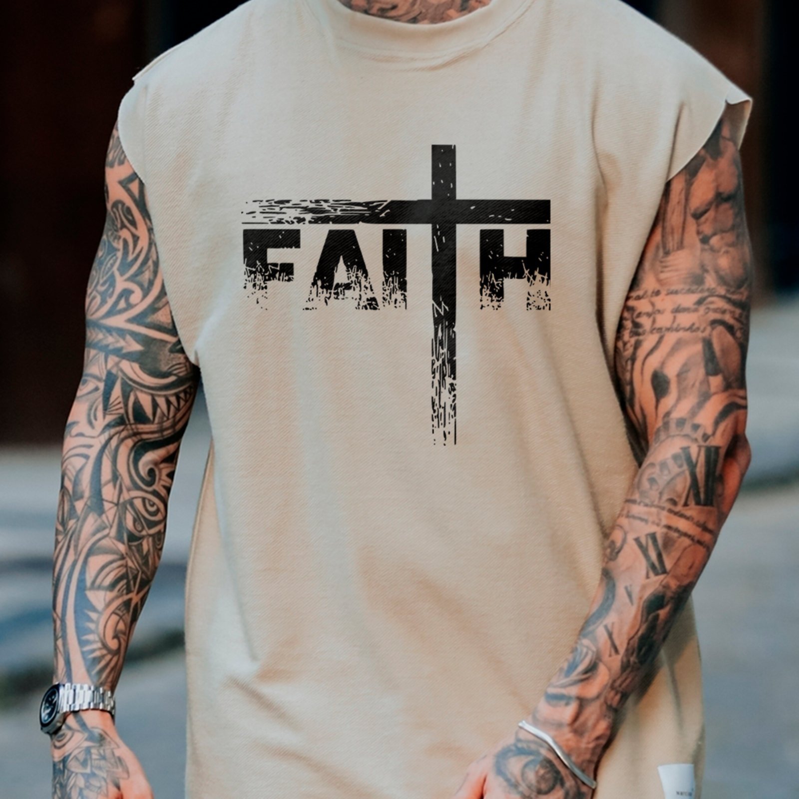 Camiseta Regata Machão Fé Cristã Cruz Faith Off White