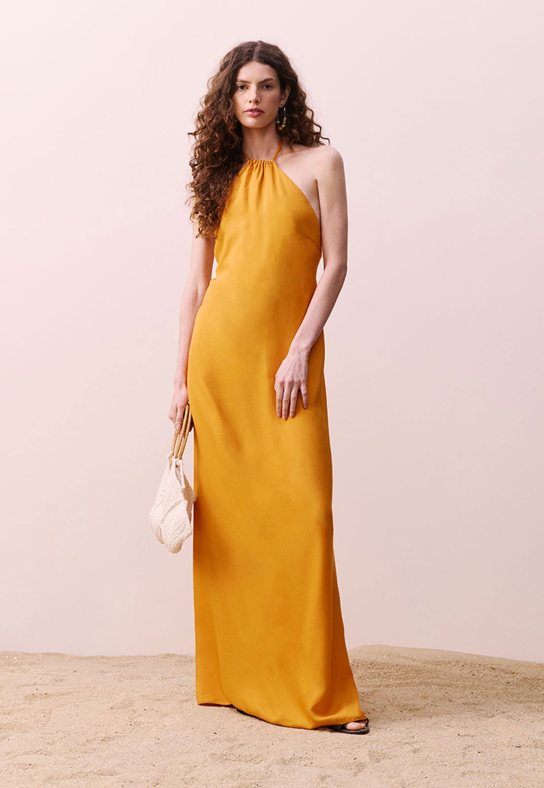 Vestido Frente Única CaCay Longo Decote Costas Profundo Amarelo