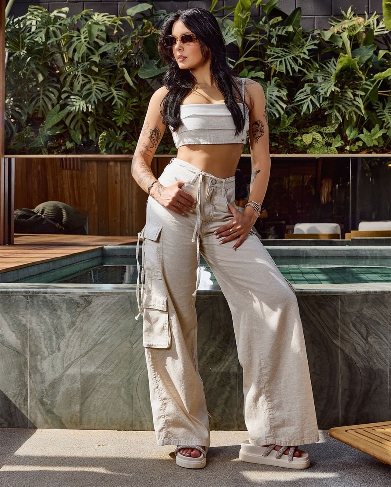 Calça Linho Wide Leg Feminina Cargo 24653 Linho Consciência