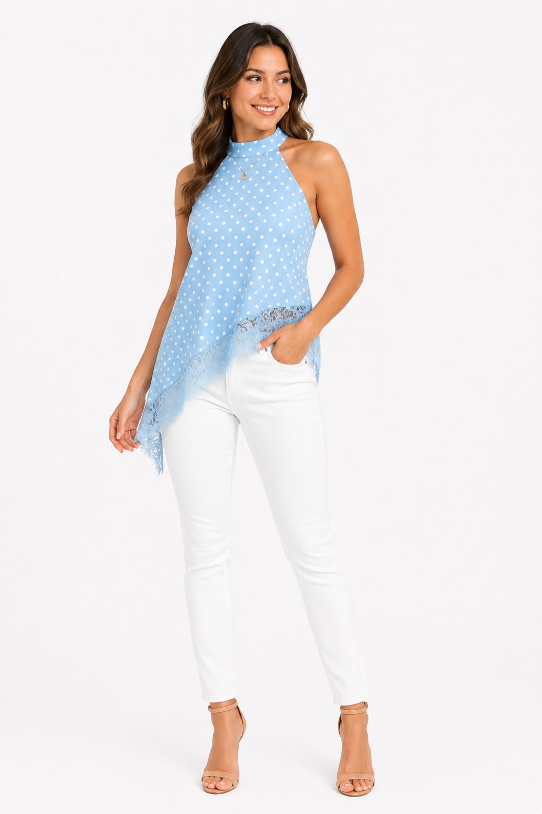 Blusa Feminina D Bell Outlet Fashion Poá Renda Barra Azul Claro