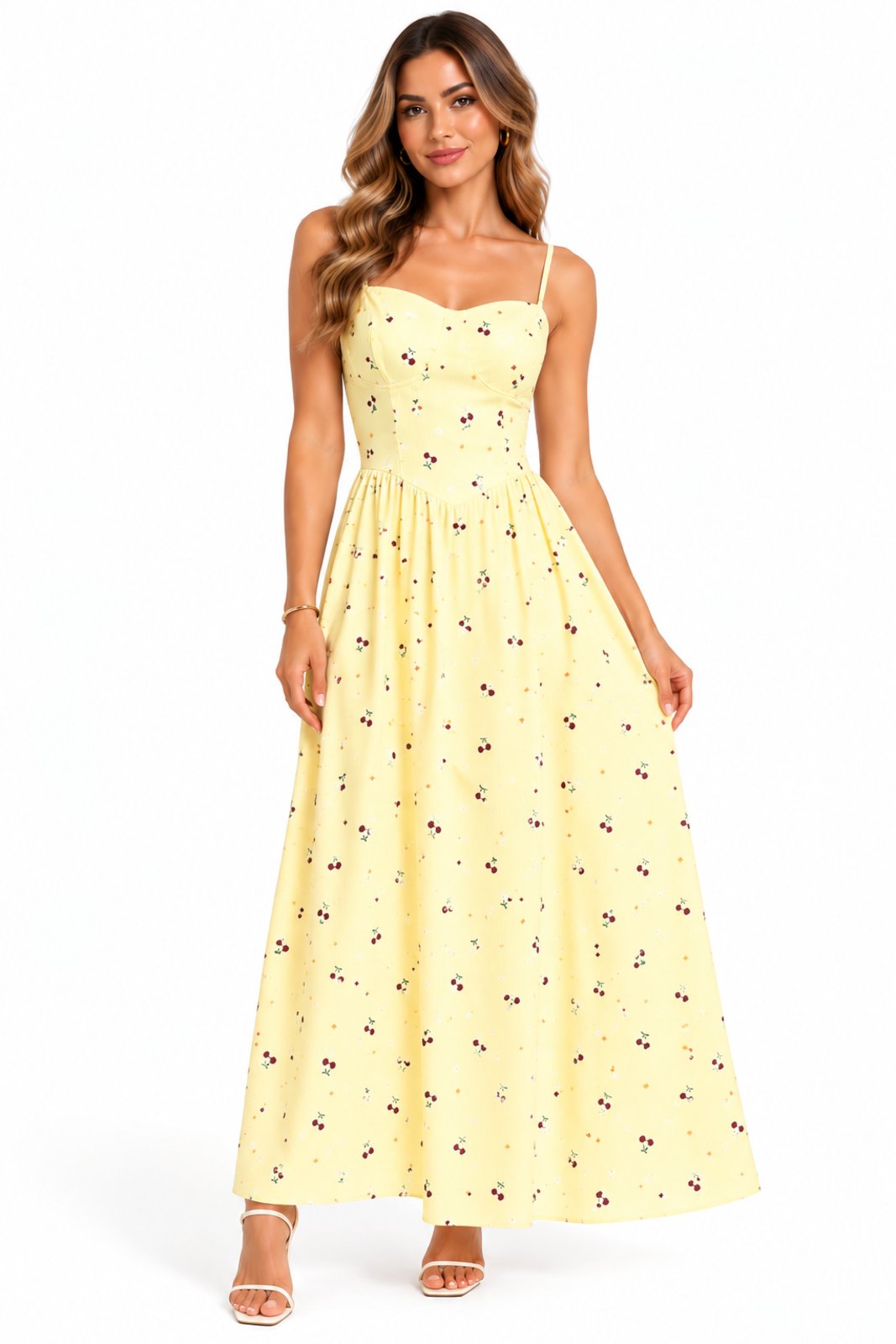 Vestido Midi Corset Algodão Floral D Bell Outlet Fashion Amarelo