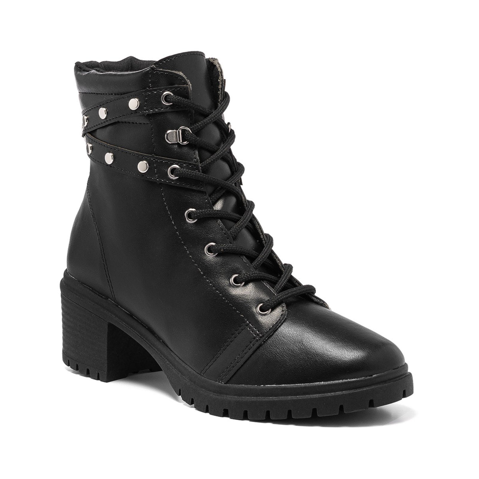 Bota Stessy Shoes Coturno Feminino Cano Curto Tachas Tratorada Macia Preto