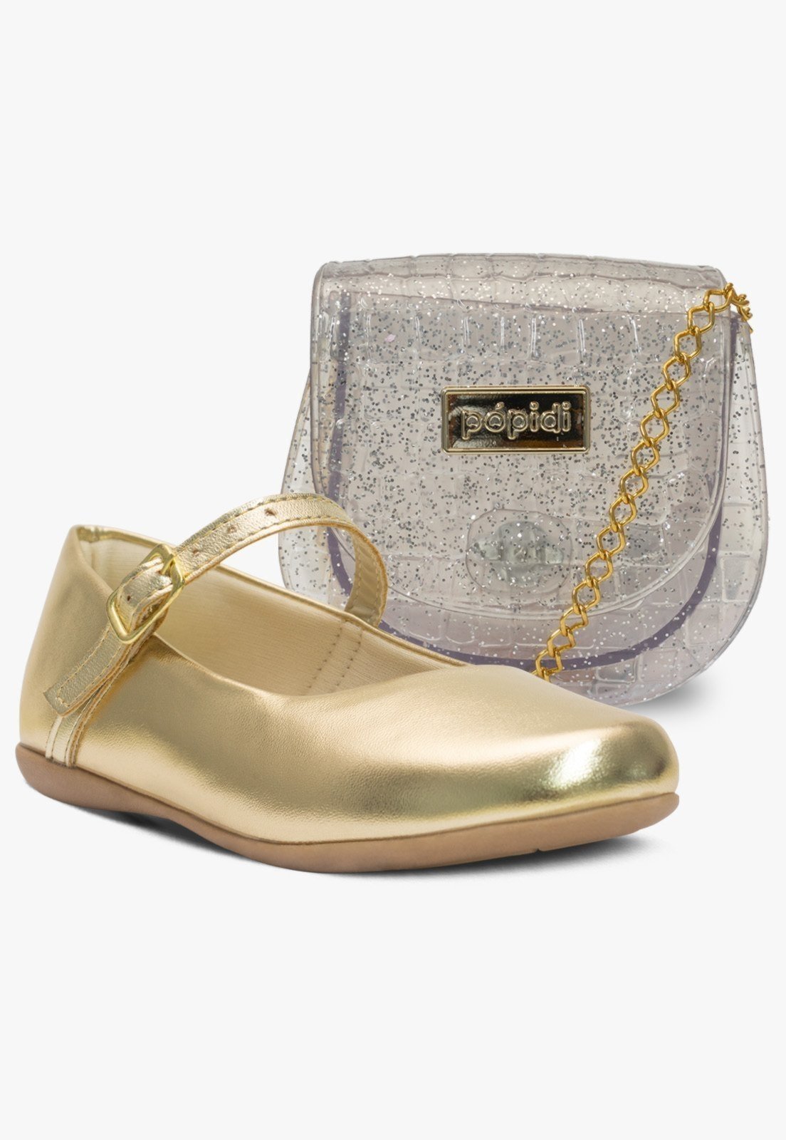 Infantil - Kit Bolsa e Sapatilha Feminina Rasteira Pópidi Dourado
