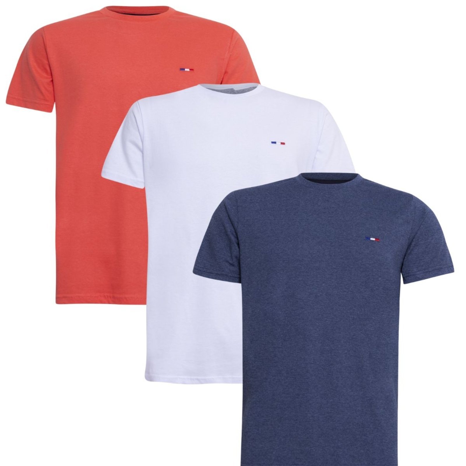 Kit 3 Peças Camisetas Básicas Masculina FMF em Algodão Premium no Estilo Tommy Bordado França Laranja Branca Azul