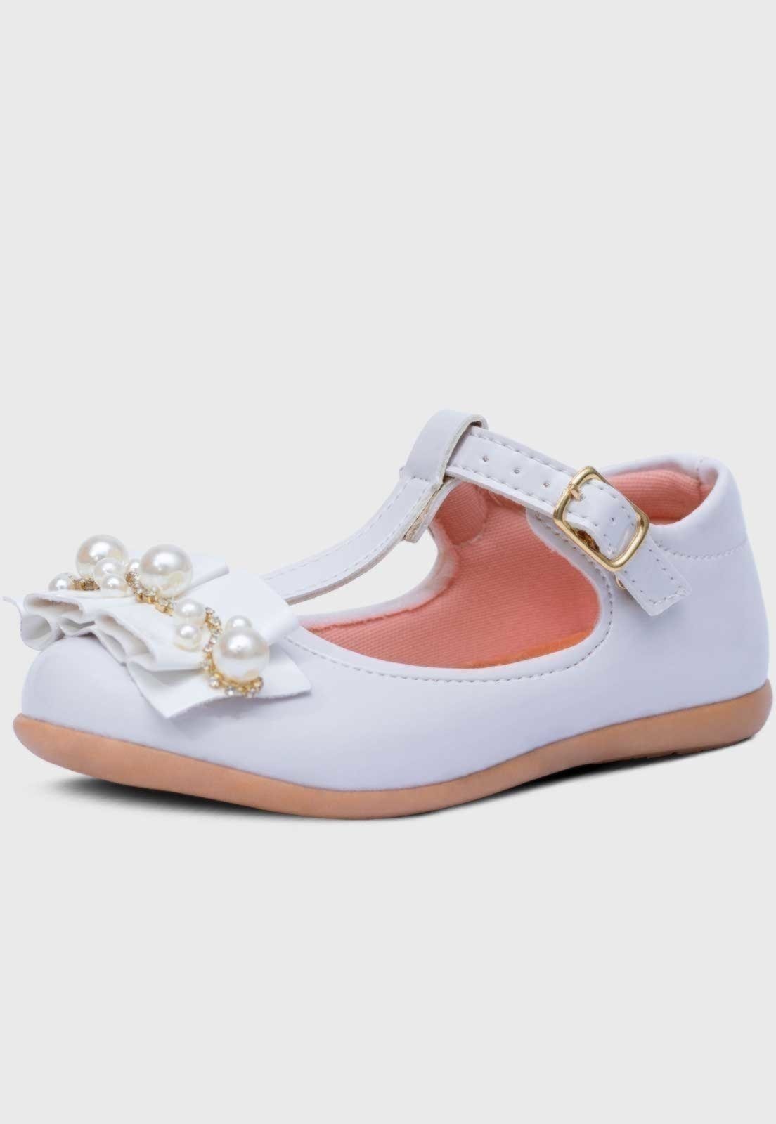 Infantil – Sapatilha Salomé Menina Laço Pérola Sanfonado Branco