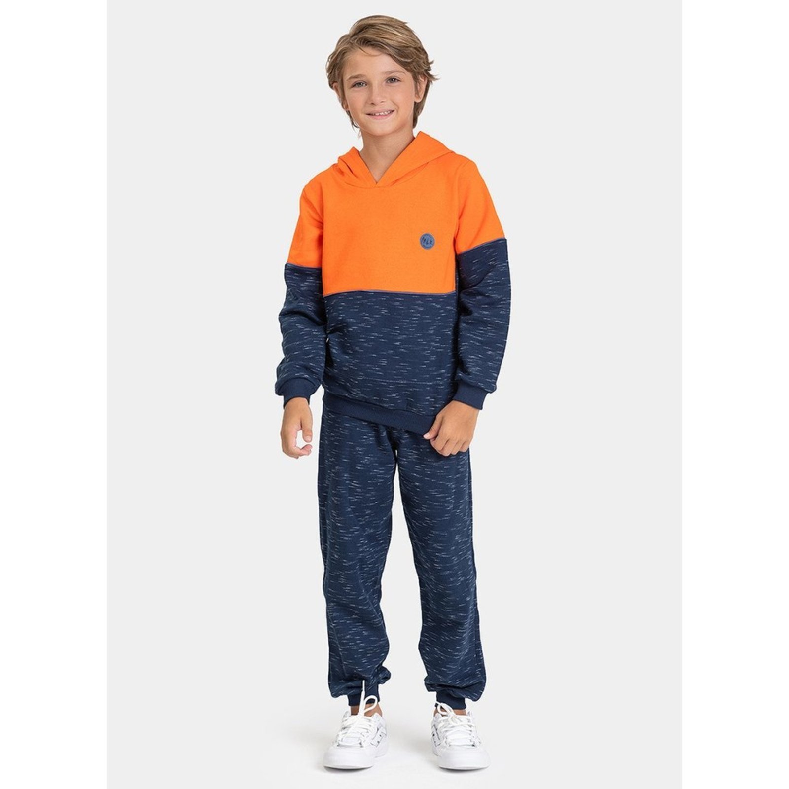 Infantil - Conjunto Inverno Menino Laranja Blusão Recortes com Capuz e Calça em Moletom