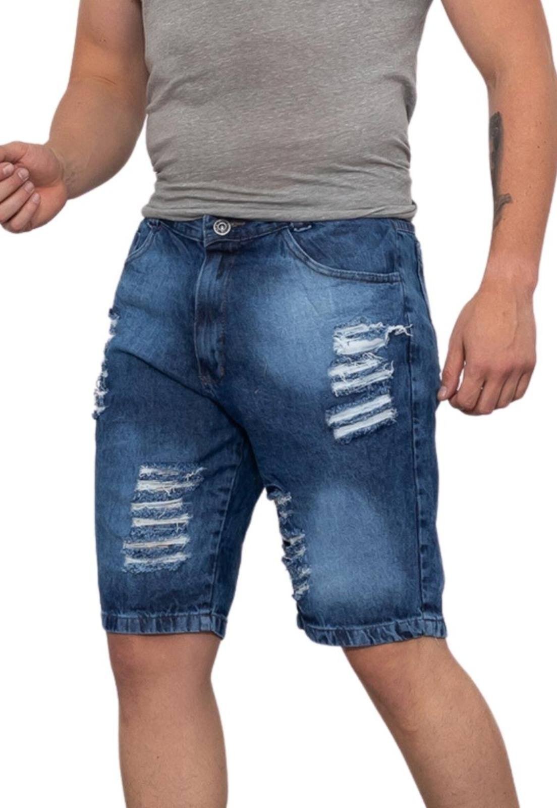 Vista 3 Bermuda Masculina Jeans Rasgada Destroyed Estonada Casual ER ESTILO RENOVADO azul ER ESTILO RENOVADO azul