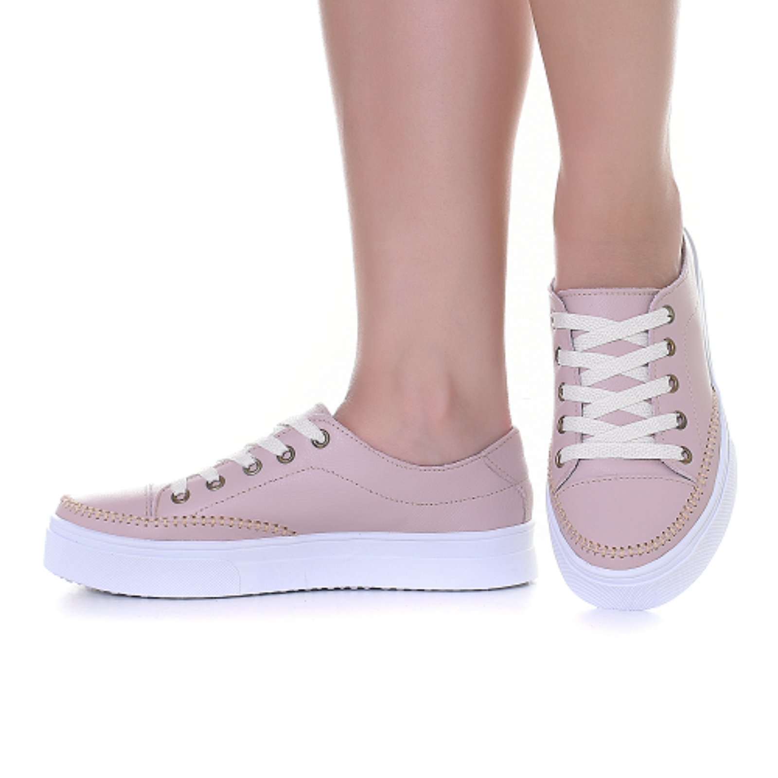 Tênis Feminino Nude Sola Alta De Couro Cadarço