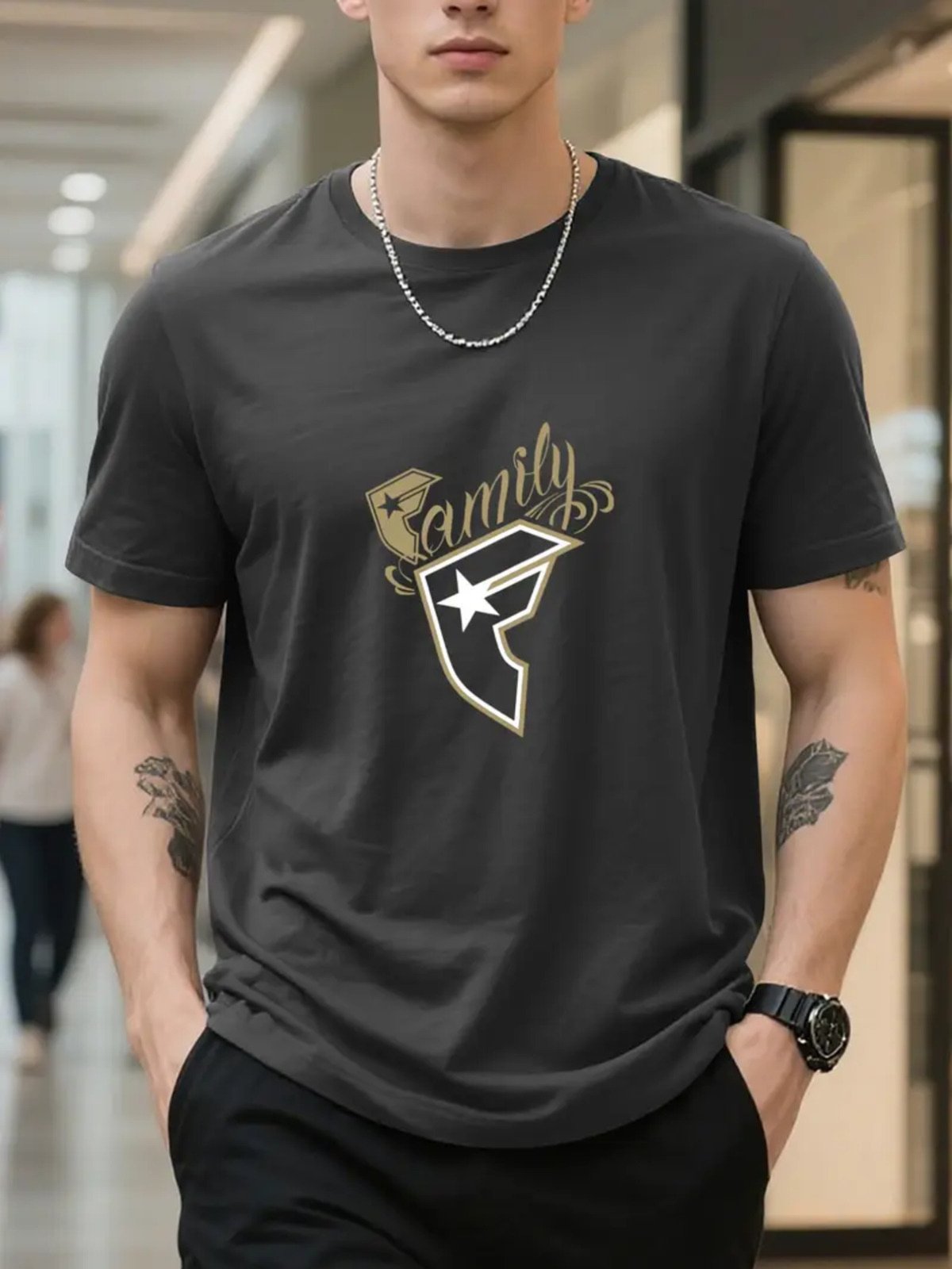 Camiseta Estampada Family F Safira Moda Algodão Cinza Chumbo