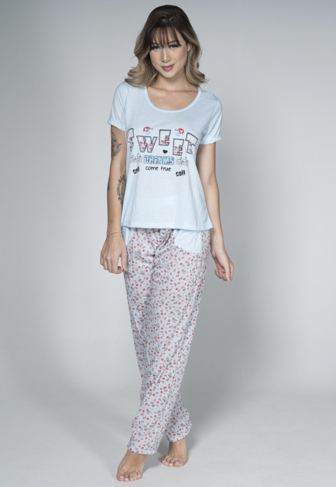 Pijama Feminino Serra e Mar Modas Longo Alice Azul