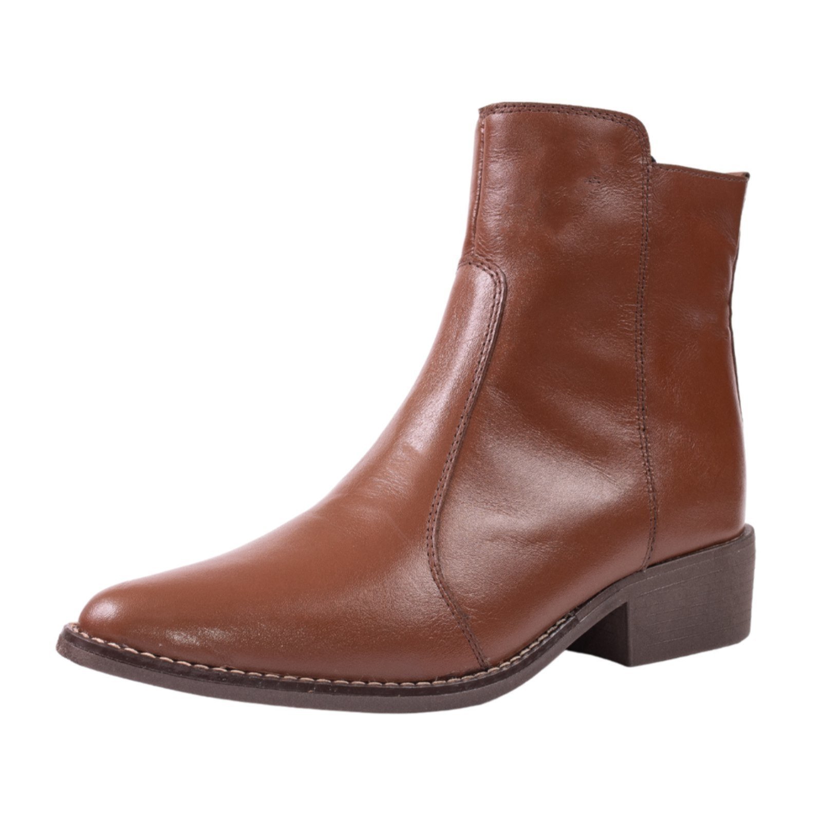 Bota Feminina Cano Baixo Bico Fino Couro Conhaque Tellini Store