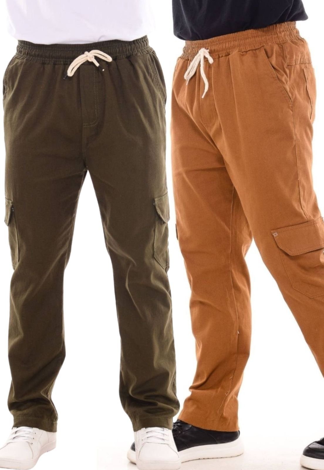 Vista 2 Kit 2 Calças Jogger Mys Jeans com Bolso Cargo Sem Punho Caramelo verde verde
