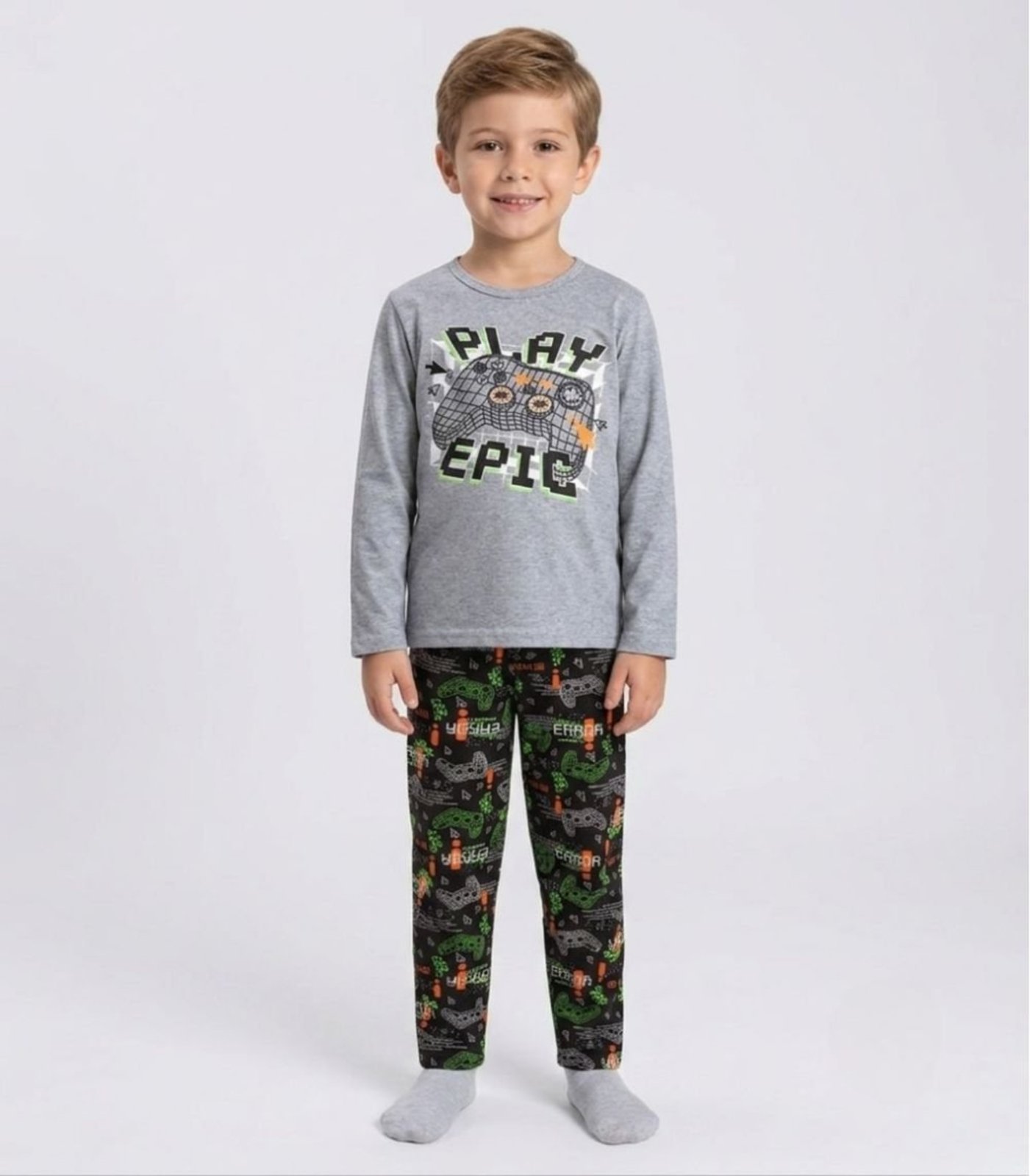 Pijama Menino Manga Longa Meia Malha Kappes Cinza