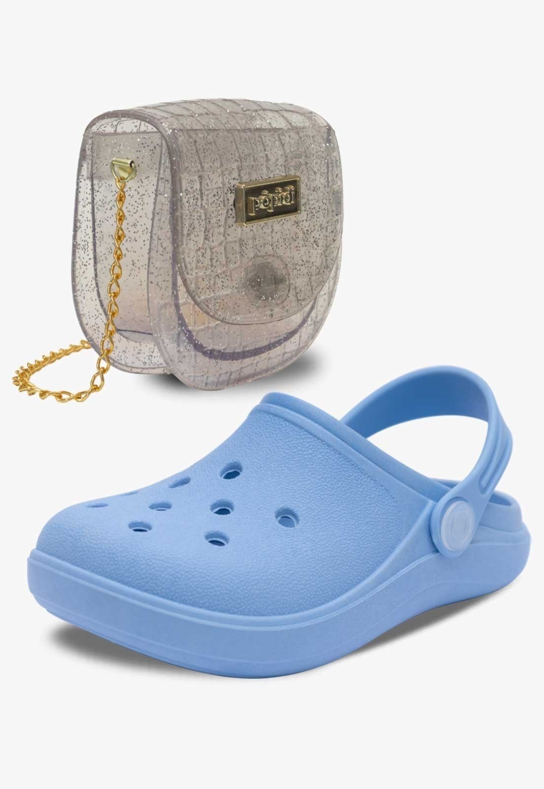 Infantil – Kit Bolsa e Sandalia Babuche Chinelo Pópidi Menina Azul e Glitter Prata