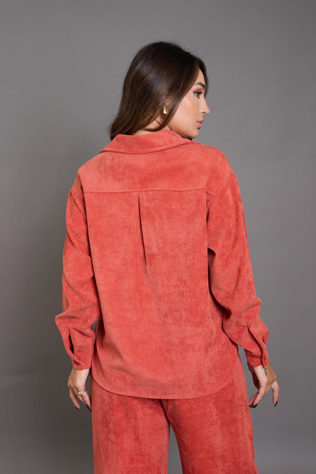 Vista 3 Camisa de Veludo Feminina Manga Longa Lemier Collection laranja laranja