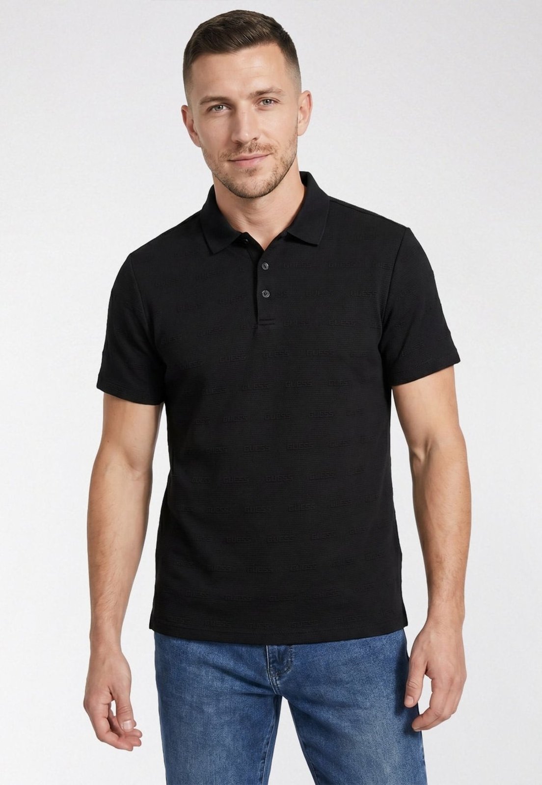 Camisa Polo Texturizada Logo Preto Guess