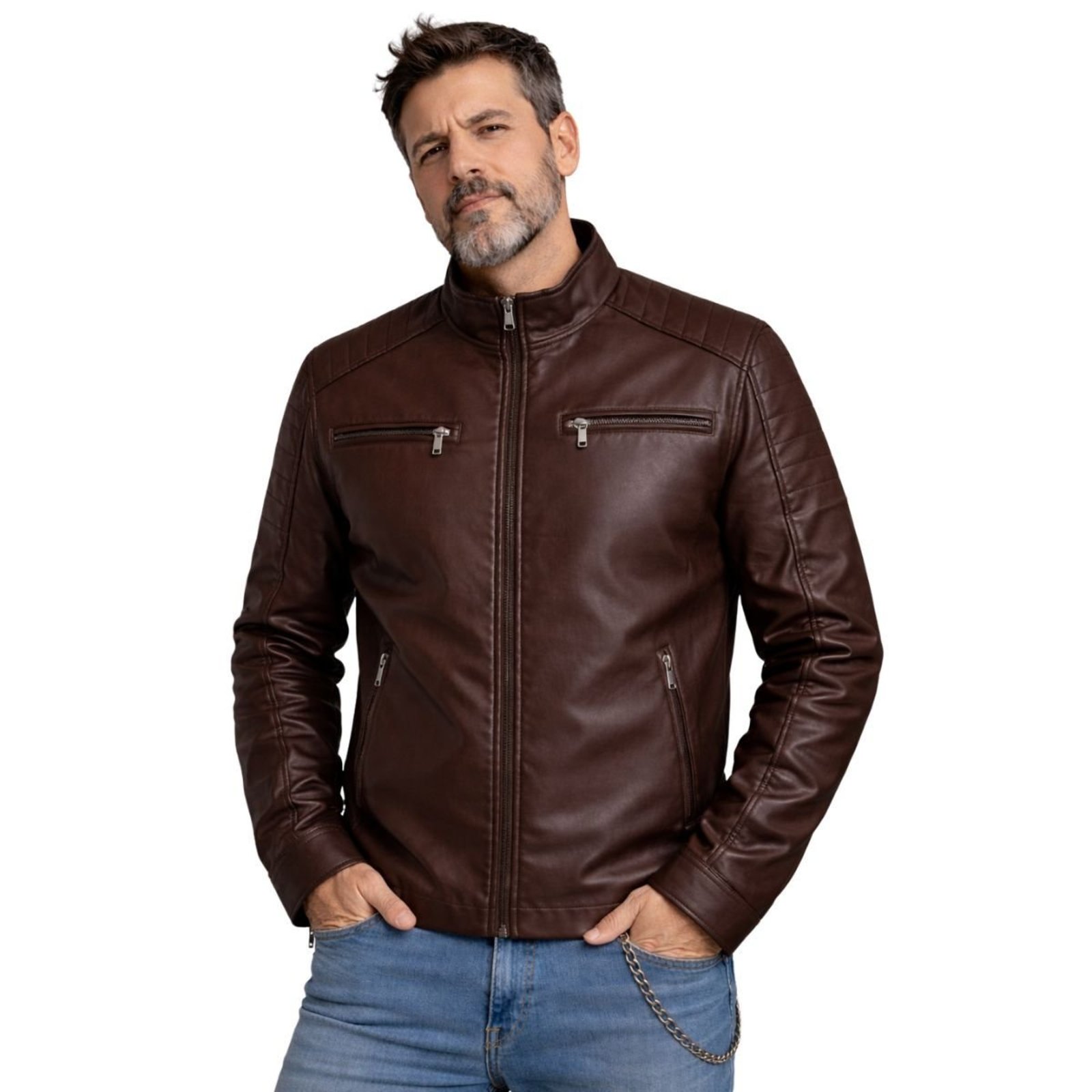 Jaqueta Masculina Biker em Couro Marrom PU