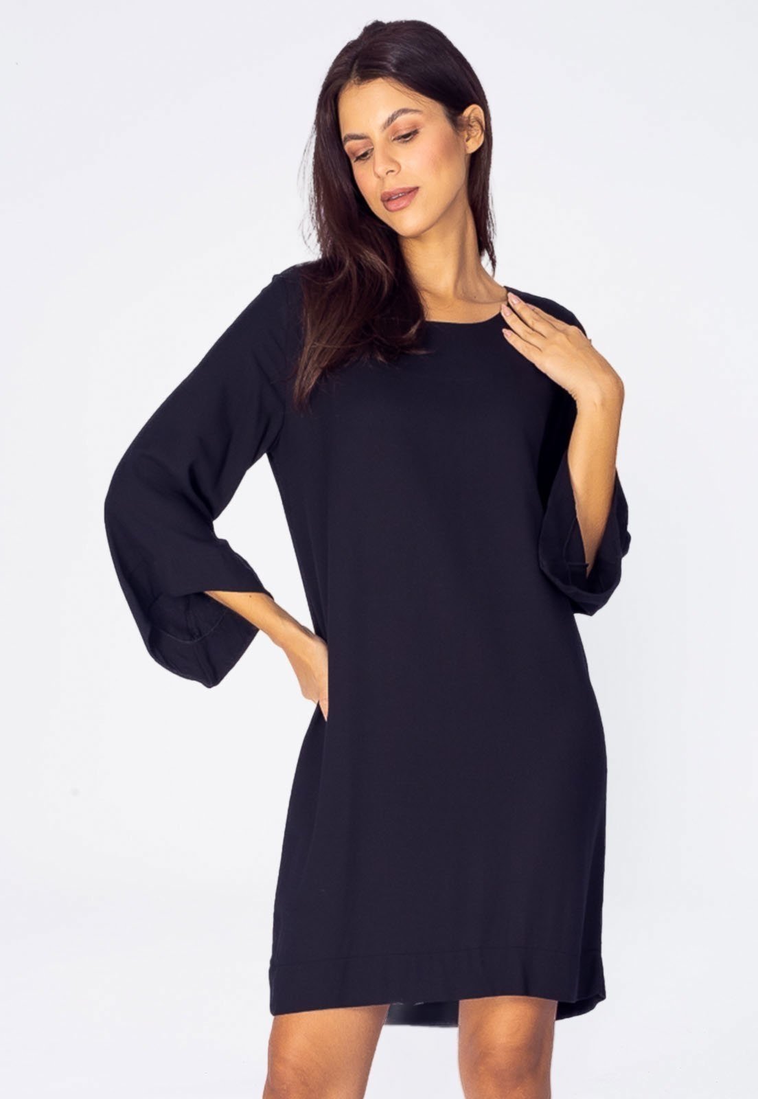 Vestido Curto Amazonia Vital Viscose Manga Ampla Balli Preto