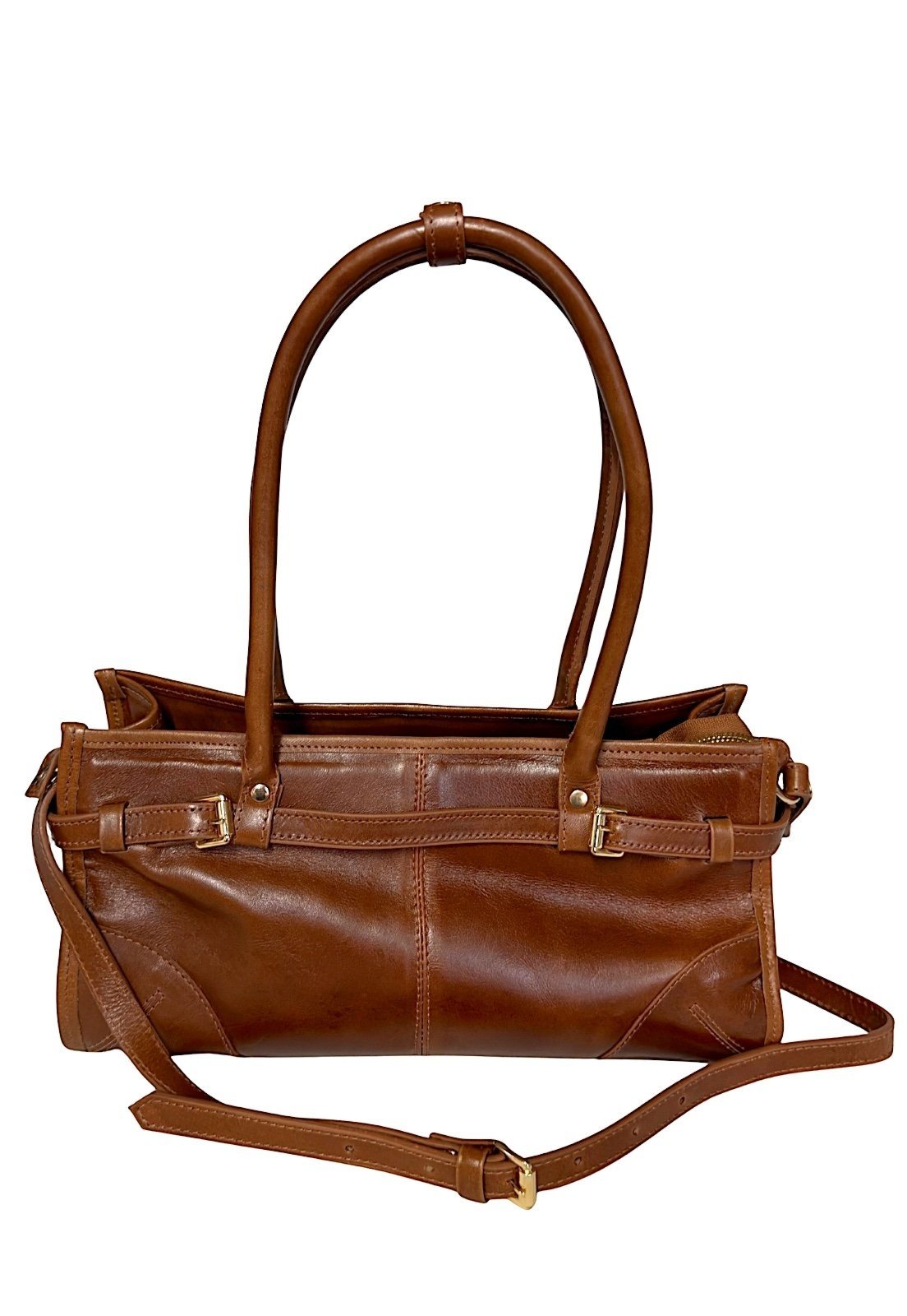 Bolsa Tote em Couro Legítimo Caramelo com Alça Roliça e Cinto com Fivelas Douradas