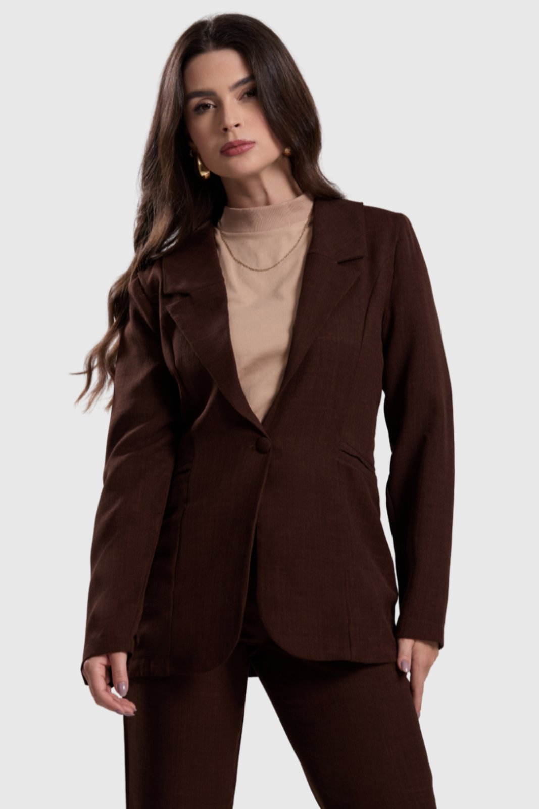 Blazer Feminino Amora Café Alongado Linho Marrom