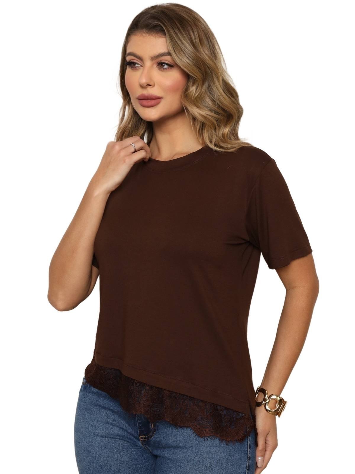 Blusa Feminina Manga Curta Gola redonda e Barra Assimétrica com Renda - Marrom