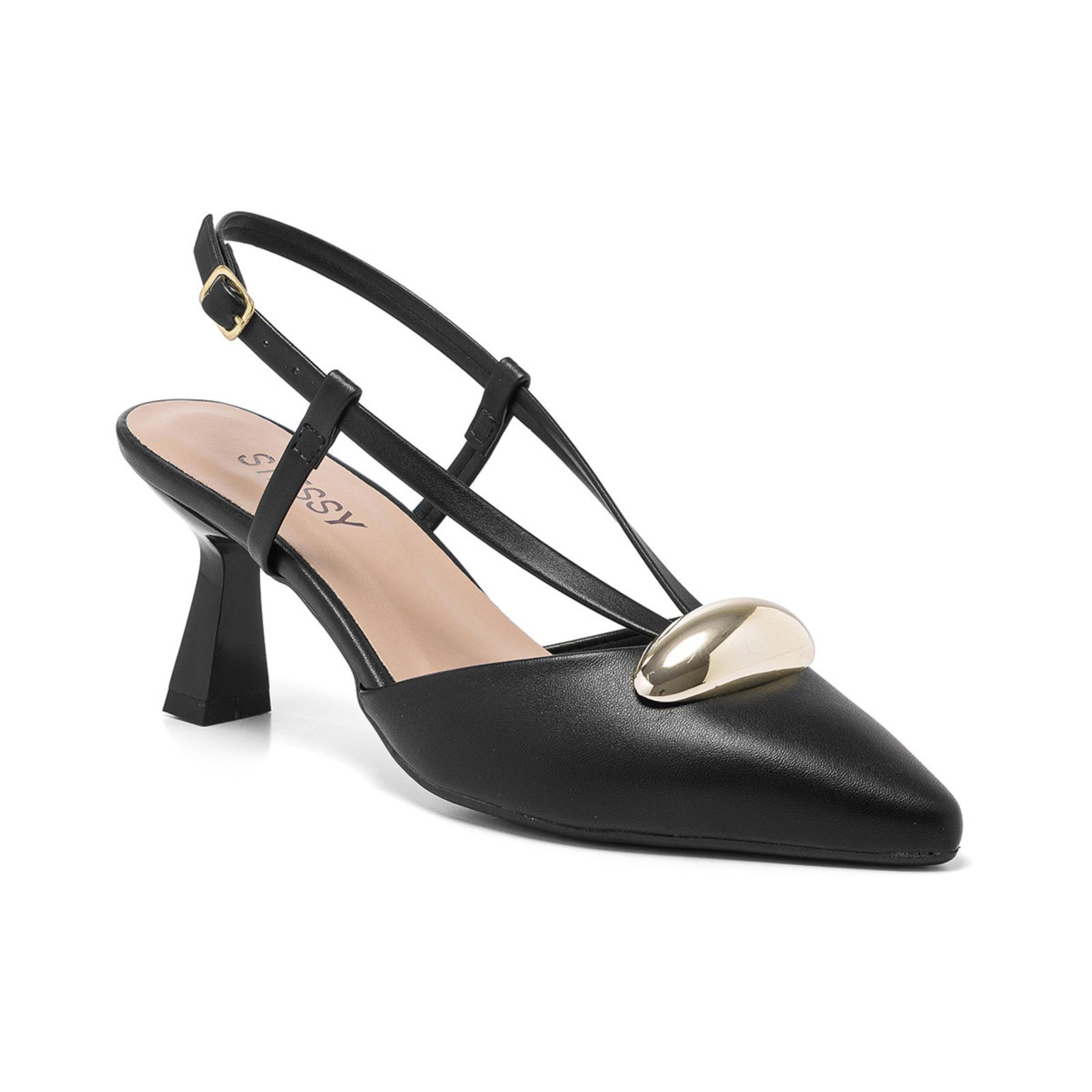 Vista 3 Scarpin Feminino Stessy Slingback Salto Baixo Taça 6cm Lesma Elegante Stessy Shoes preto Stessy Shoes preto