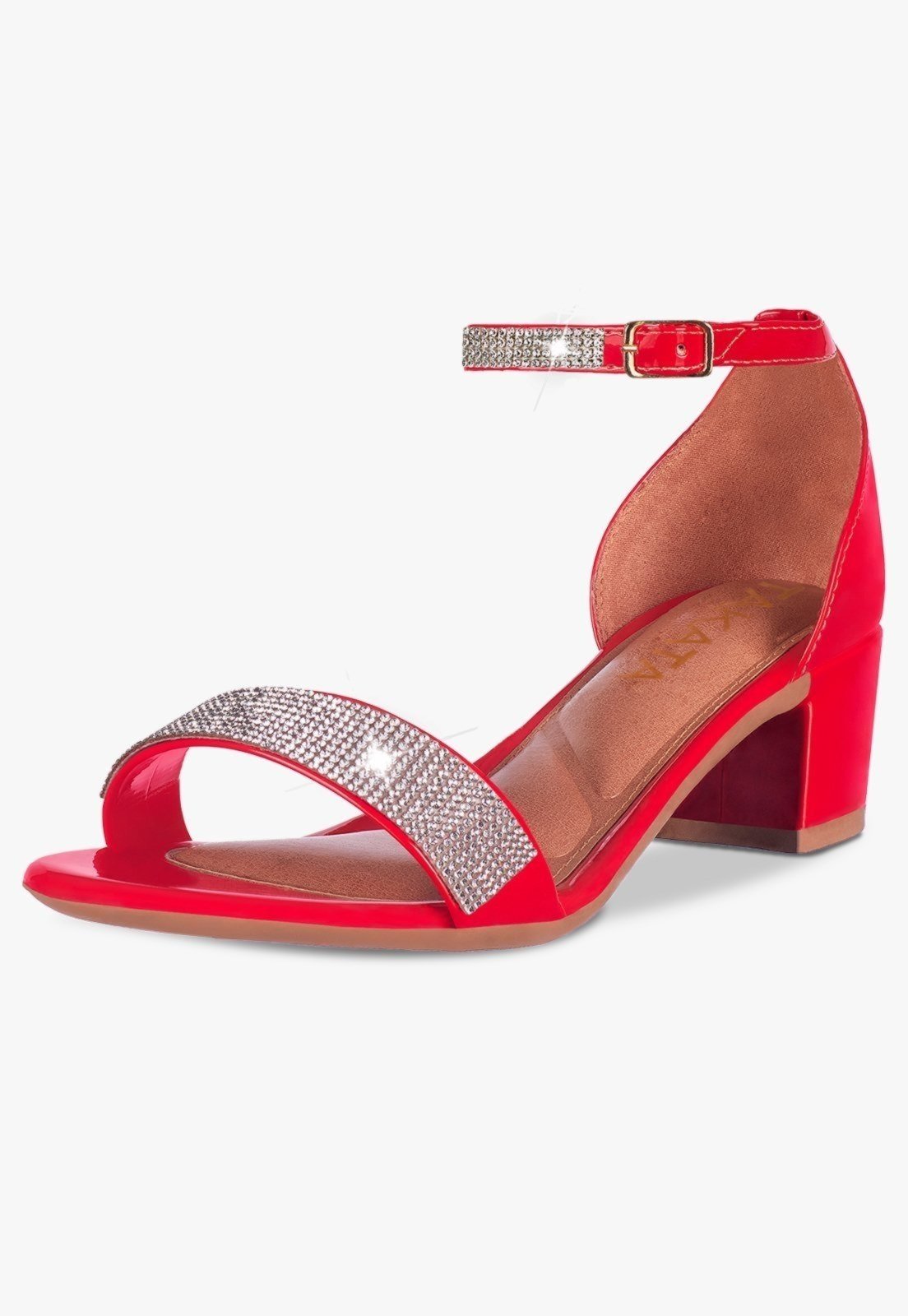 Sandália Feminina Salto Quadrado Baixo Manta Strass Brilho Vermelho