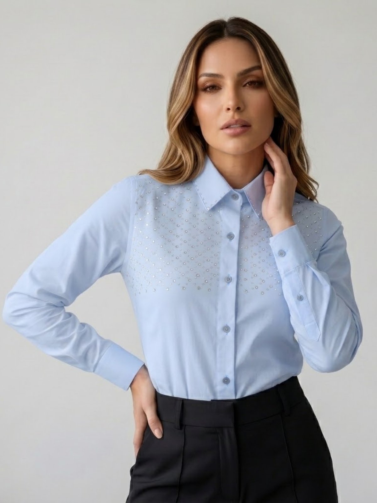 Camisa Social Feminina azul com strass em bloco no busto superior Premium Blusa com Manga Longa