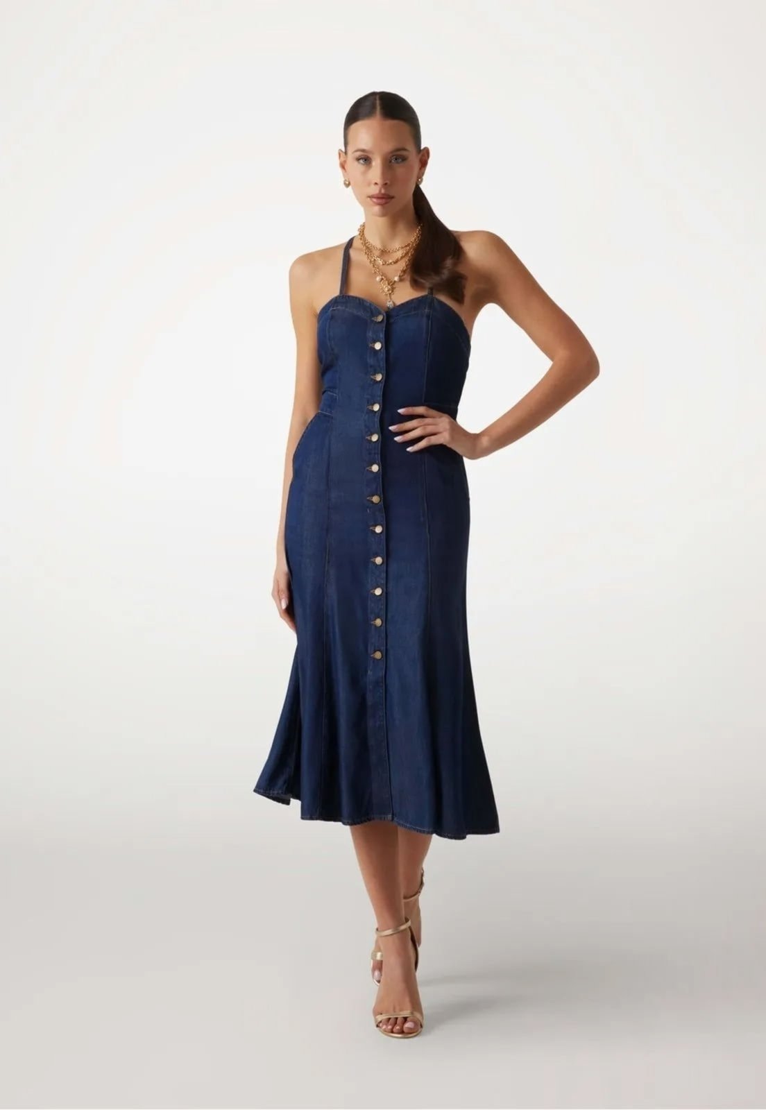 Vestido Guess Midi Denim Azul Escuro