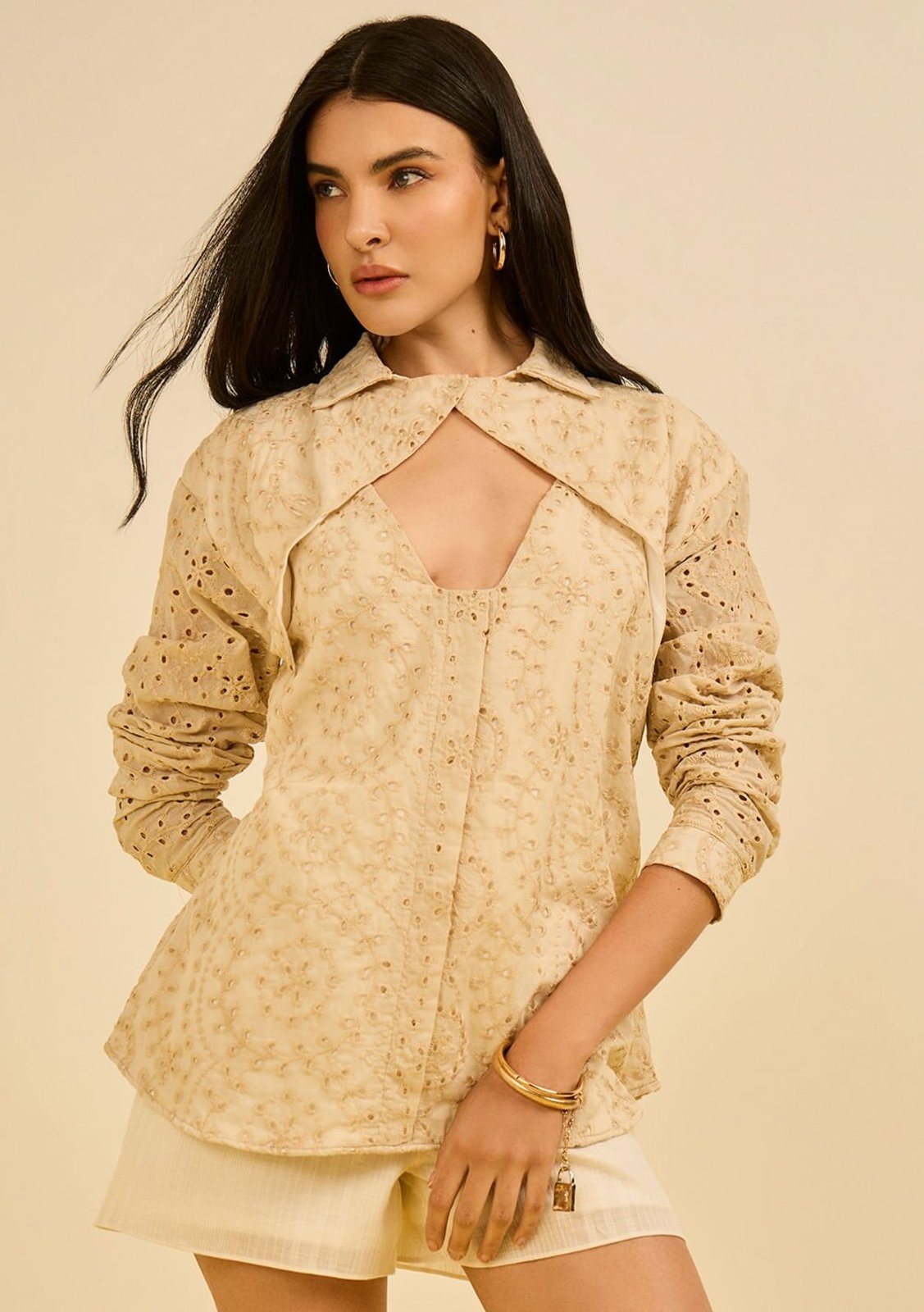 Camisa Zinco Ajustada Gola Tradicional Manga Longa Padrão Amarelo