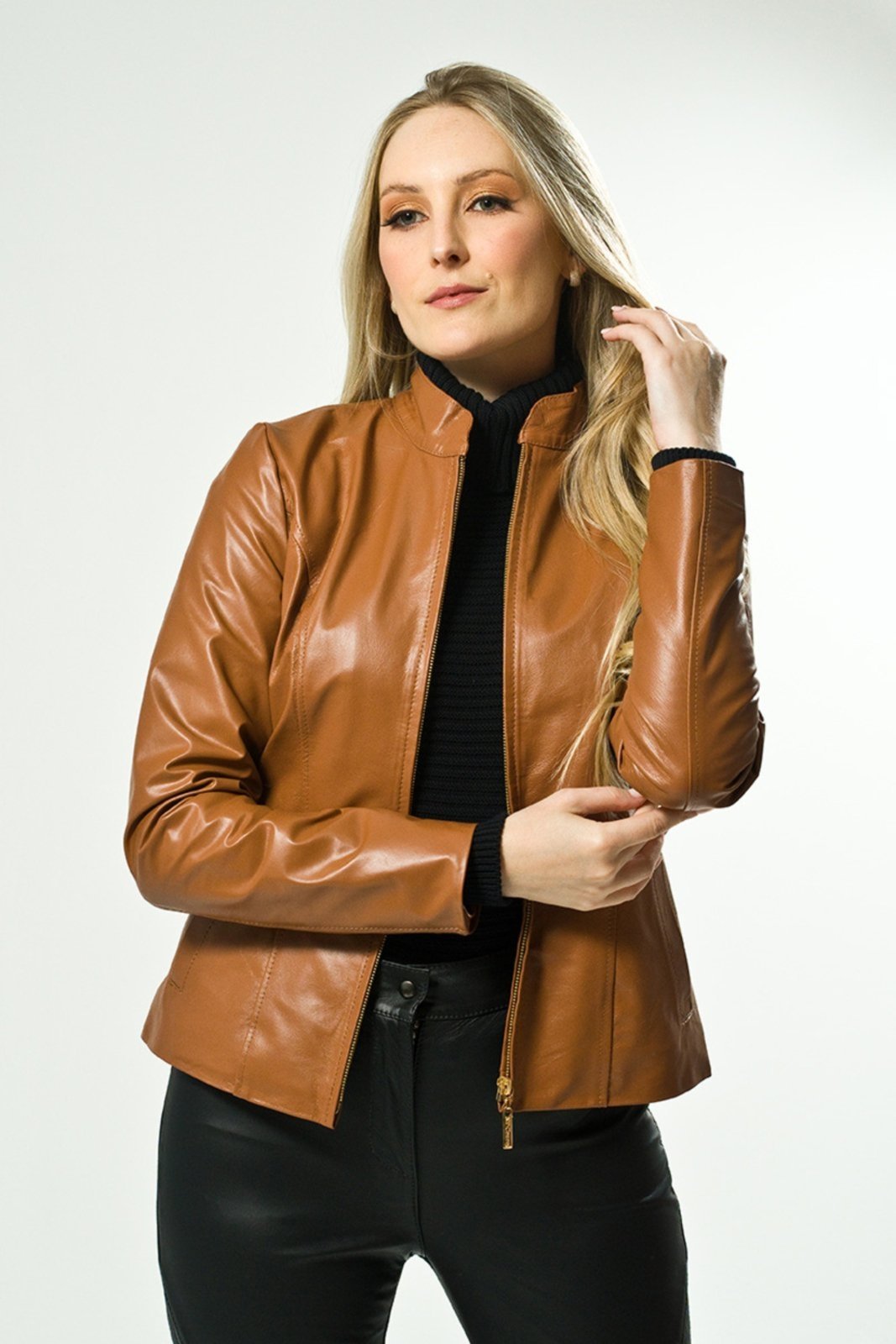 Blazer de Couro NP Couros Casual Gola Padre Caramelo Pelica