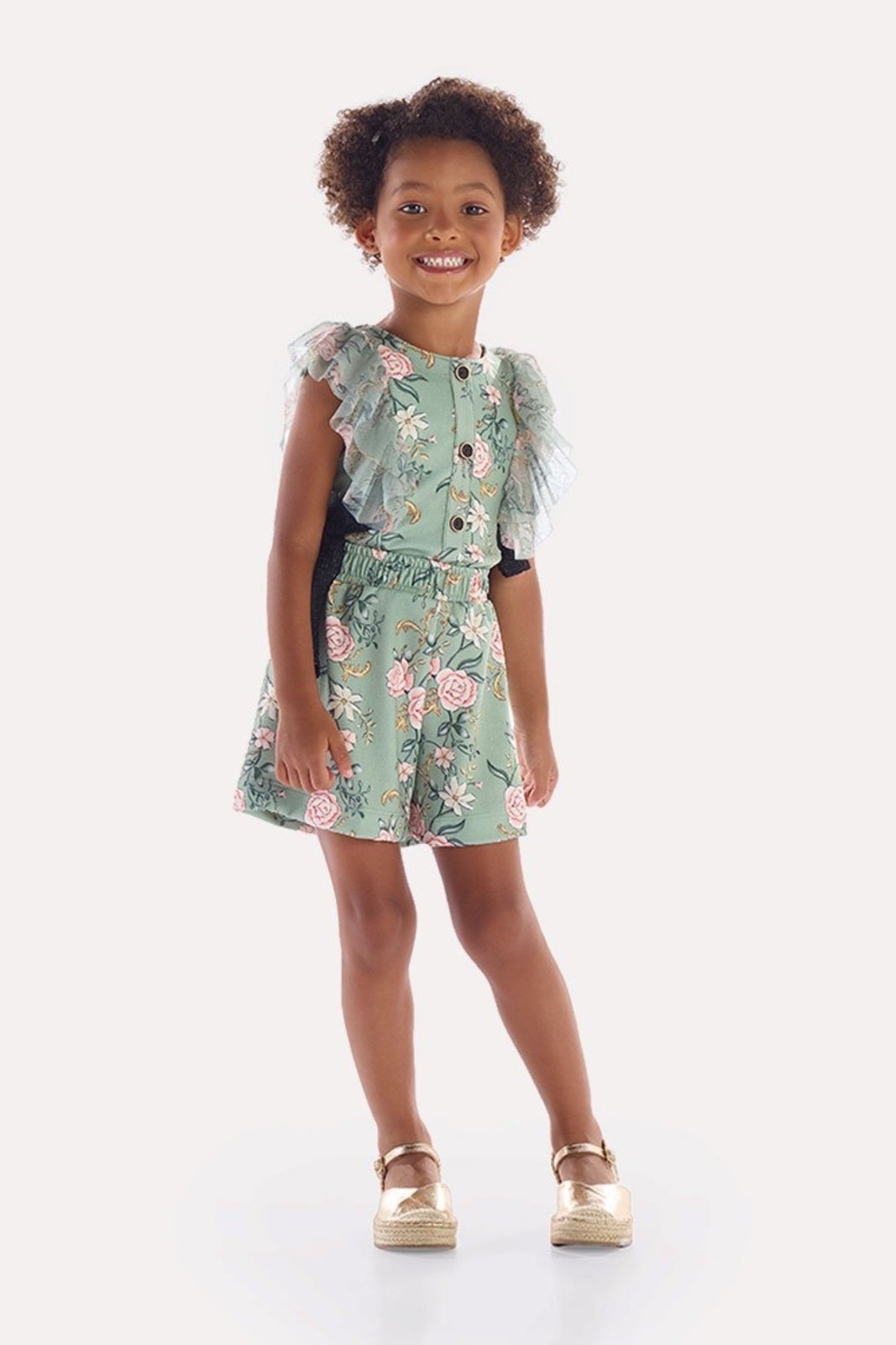Infantil - Macaquinho Verde Floral com Tule