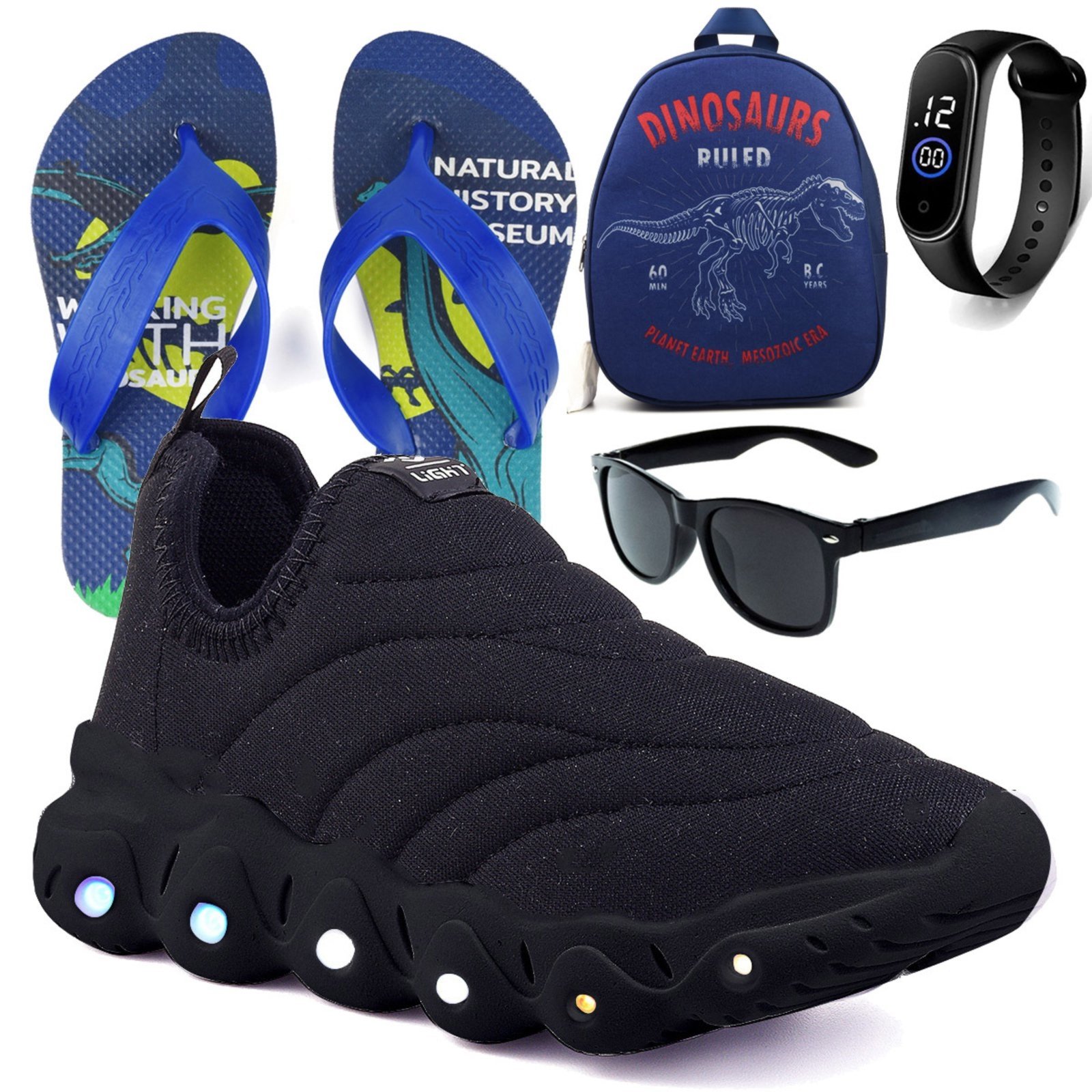 Infantil – Tenis de Led Menino e Menina Calce Facil Preto e Preto e Mochila Chinelo Óculos e Relógio