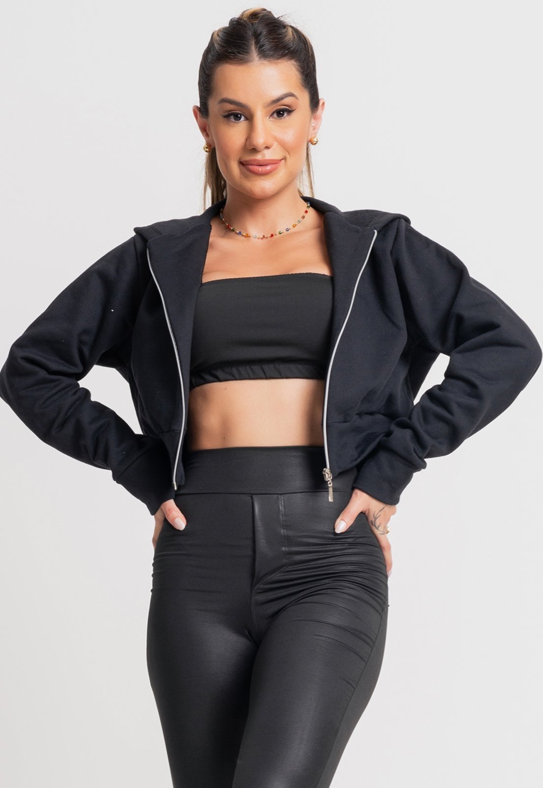 Casaco MVB Modas Jaqueta Ziper Bomber Moletom Cropped Flanelado Inverno Preto