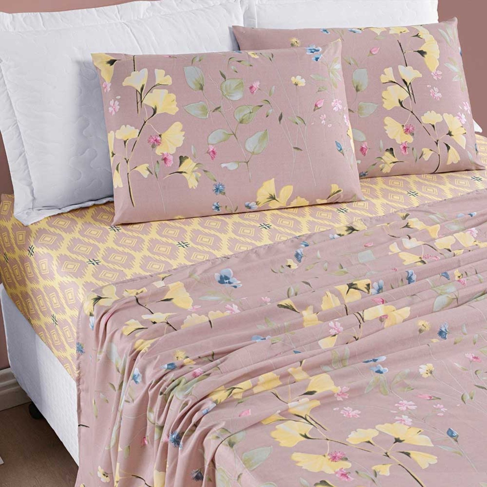 Jogo de Cama Lençol Casa Scarpa Dallas Solteiro Microfibra 3 Peças - Rosê Lavanda Floral