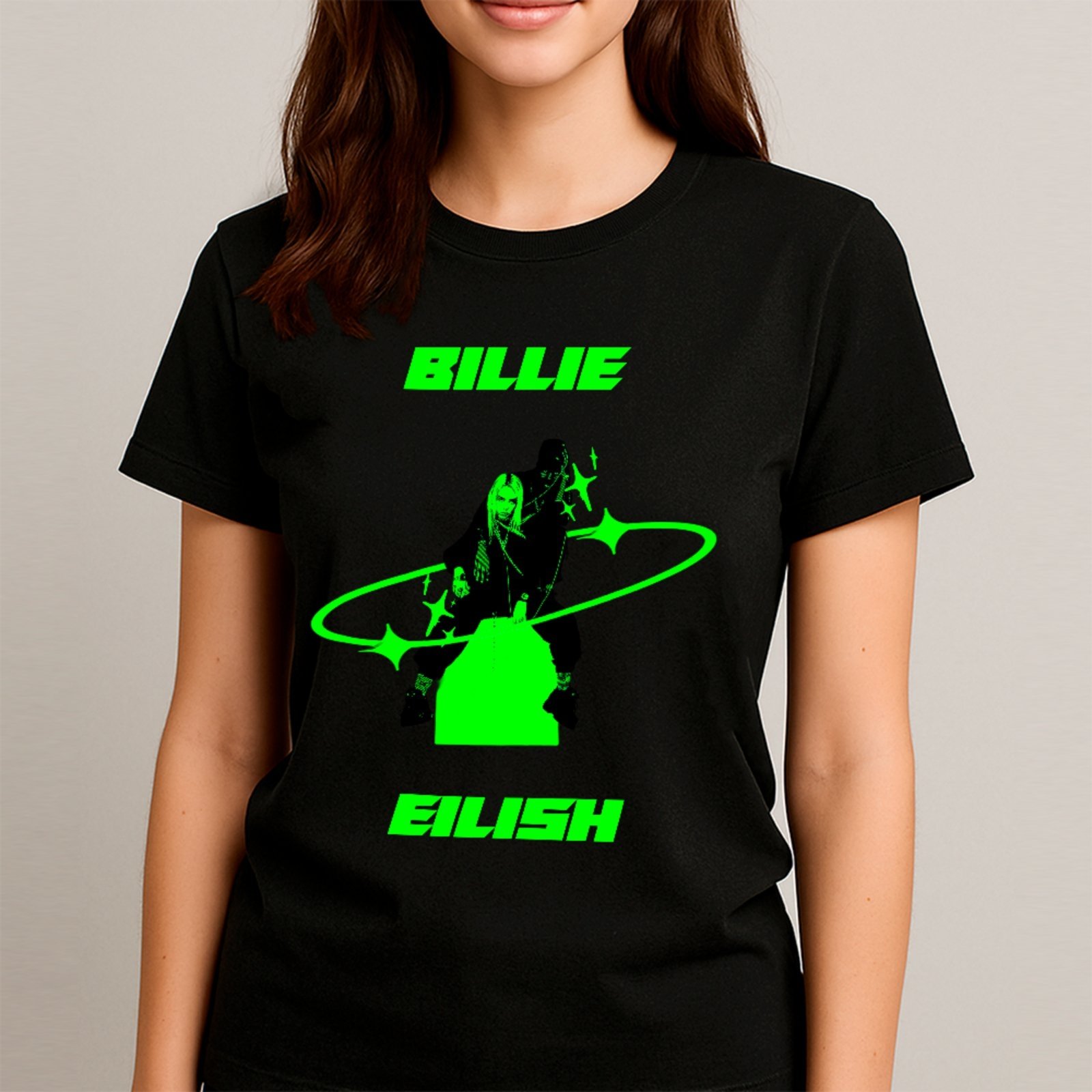Camiseta Básica Billie Eilish Estética Neon Pop Unissex Preto
