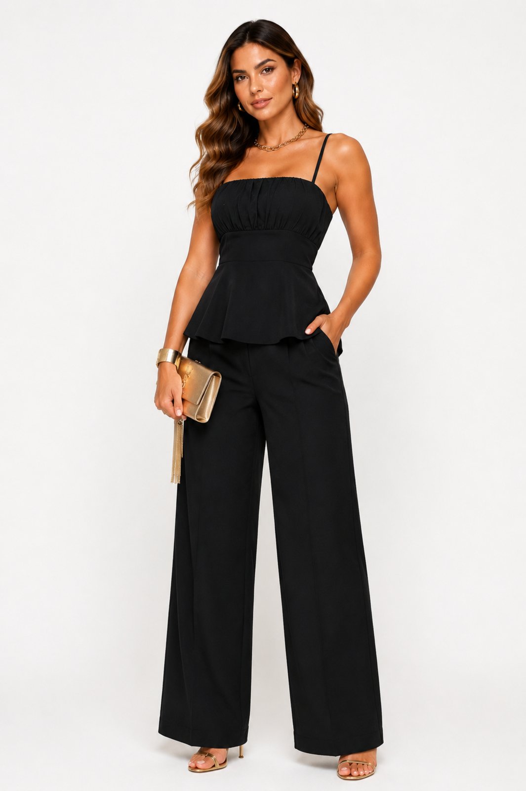 Conjunto D Bell Outlet Fashion Blusa Peplum e Calça Preto