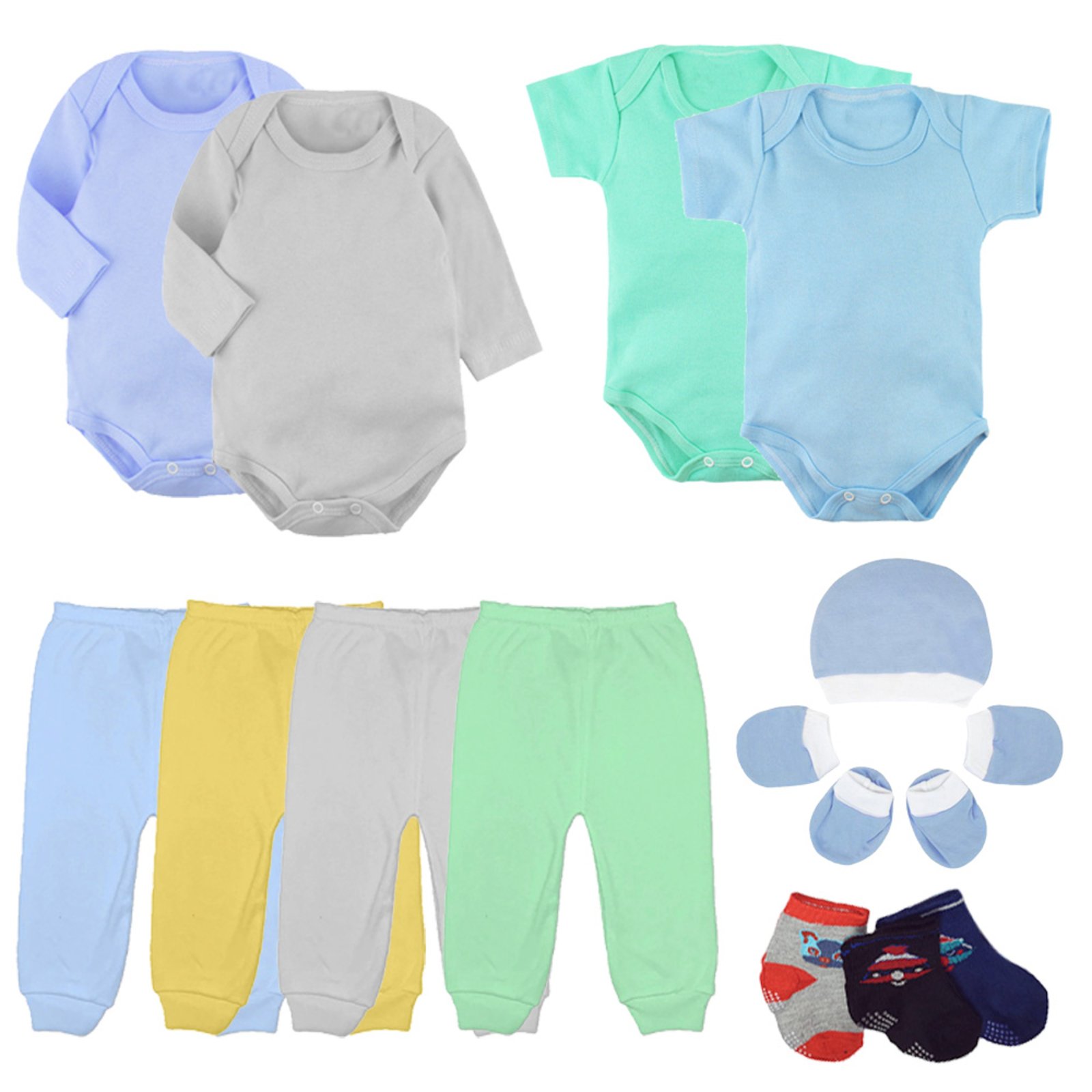 Infantil – Kit Roupa De Body Mijão Kit Touca e Meia 14 Peças Algodão Azul