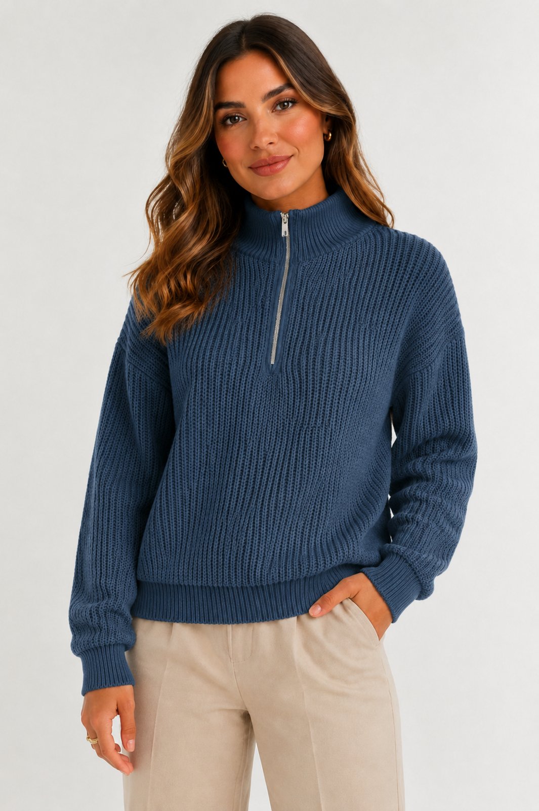 Blusa Tricôt D Bell Outlet Fashion Gola Alta Zíper Azul